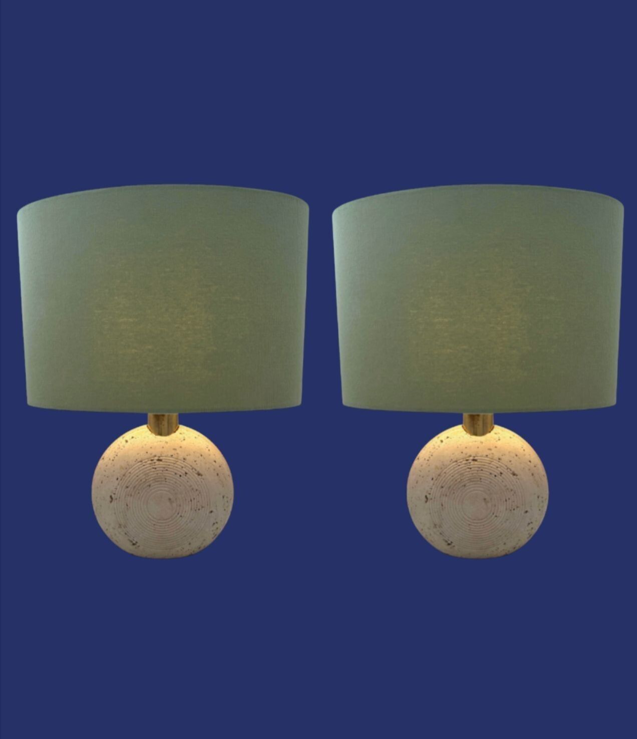 photo for sale A Pair Of Circular Italian 1970s Travertine And Brass Lamps By Frattelli Manelli