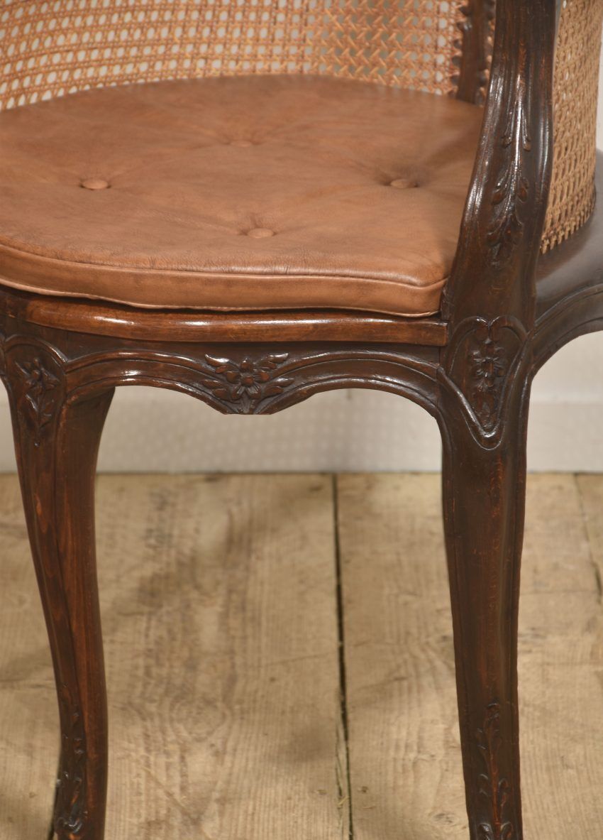 French Carved Oak Caned Bergère Chair photo vintage