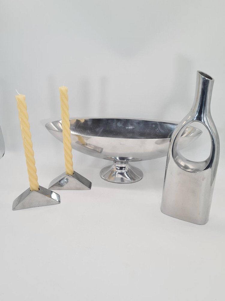 Polished Aluminum Platter, Candlesticks And Vase, 1990s, Set Of 4 photo 332.0
