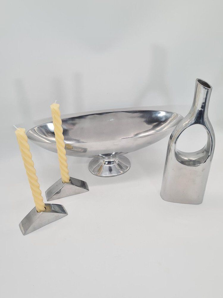Polished Aluminum Platter, Candlesticks And Vase, 1990s, Set Of 4 photo vinterior