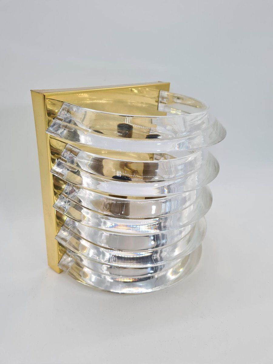 Prometeusz Wall Lamp In Brass With Transparent Acrylic Elements, Poland, 1980s photo for sale