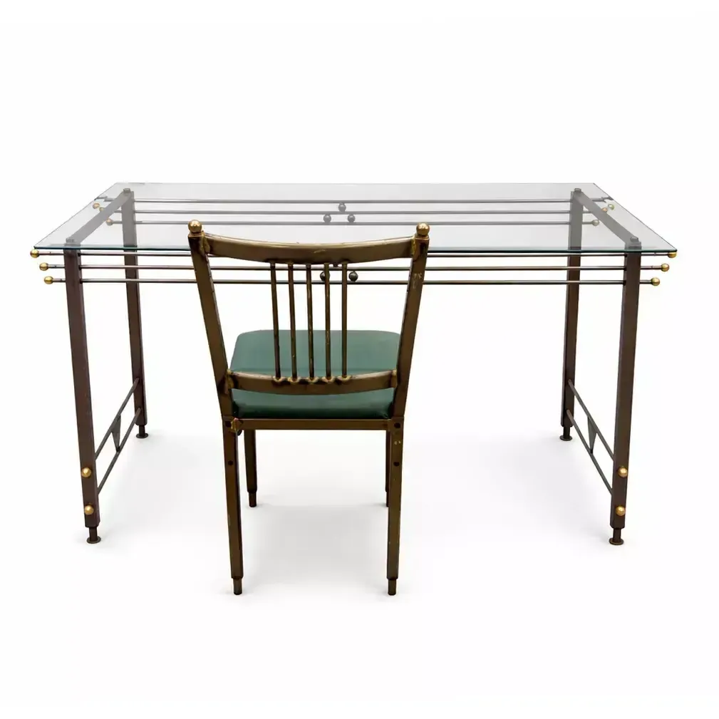 Desk And Chair Set In Patinated Metal And Brass, Glass Top, Attributed To The Italian Neo Rationalist Style, Circa 1980