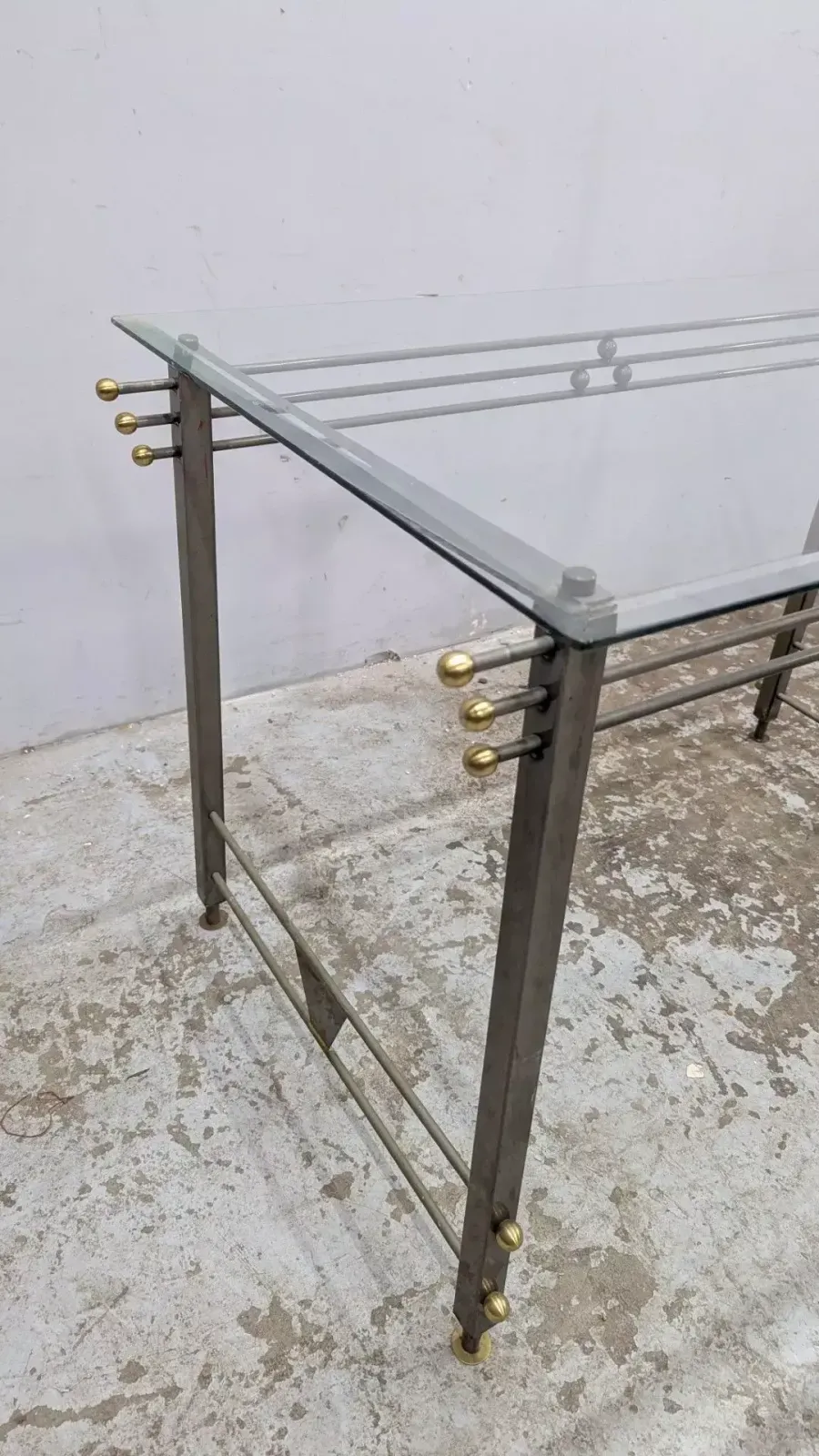 Desk And Chair Set In Patinated Metal And Brass, Glass Top, Attributed To The Italian Neo Rationalist Style, Circa 1980 photo vintage