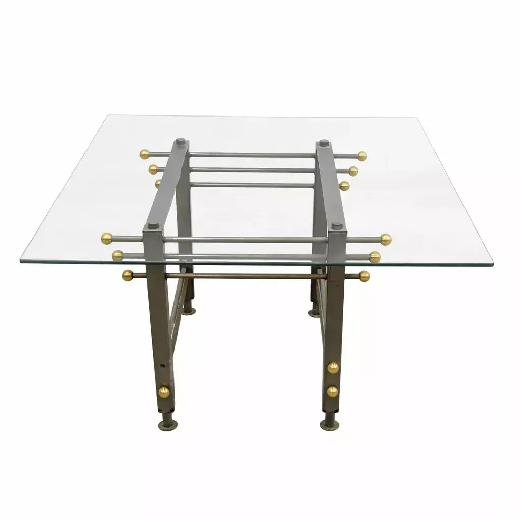 Furniture Desk And Chair Set In Patinated Metal And Brass, Glass Top, Attributed To The Italian Neo Rationalist Style, Circa 1980 photo