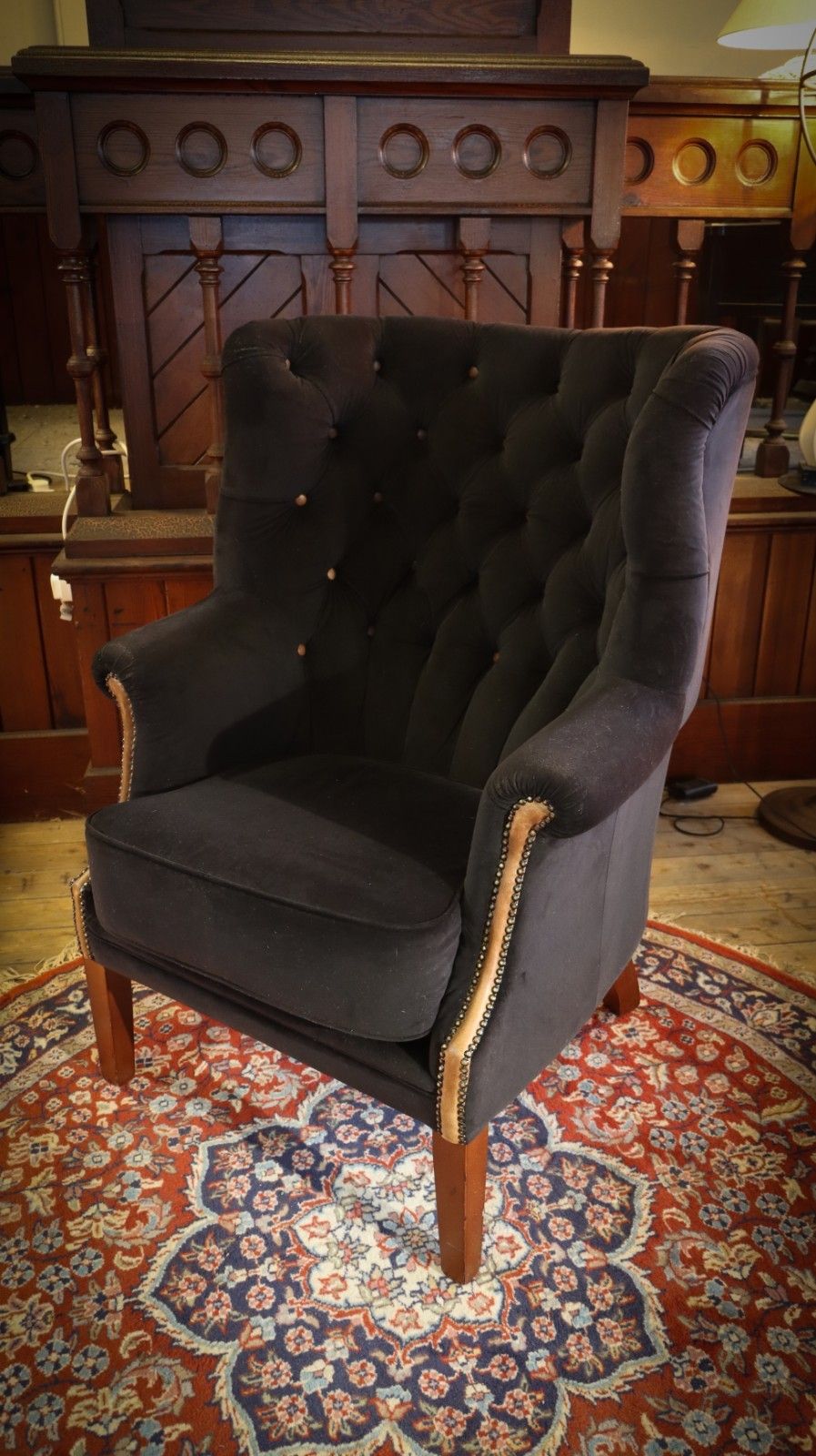 photo furniture Tetrad Mackenzie Wingback Club Armchair Oscar Charcoal Velvet Saddle Tan Leather