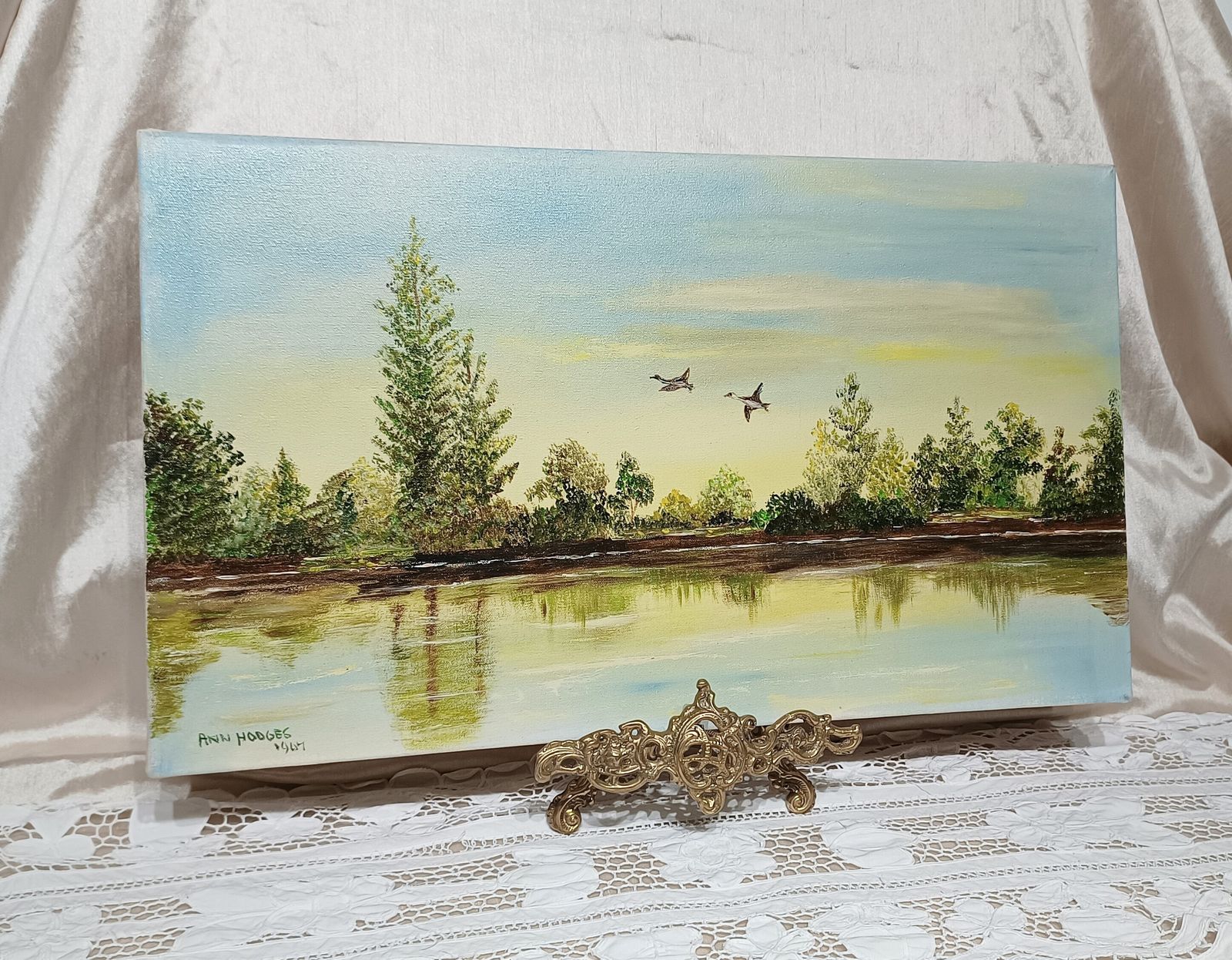 Oil Painting On Stretched Canvas Ducks In Flight Over The Lake Artist Signed. photo buy
