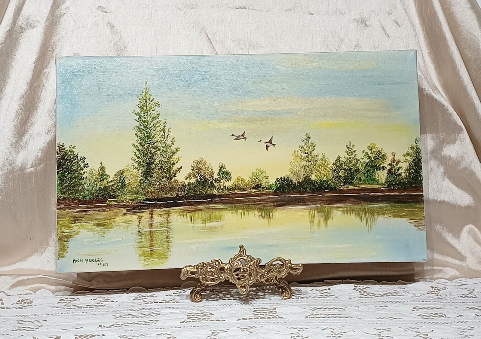 Oil Painting On Stretched Canvas Ducks In Flight Over The Lake Artist Signed. photo vintage