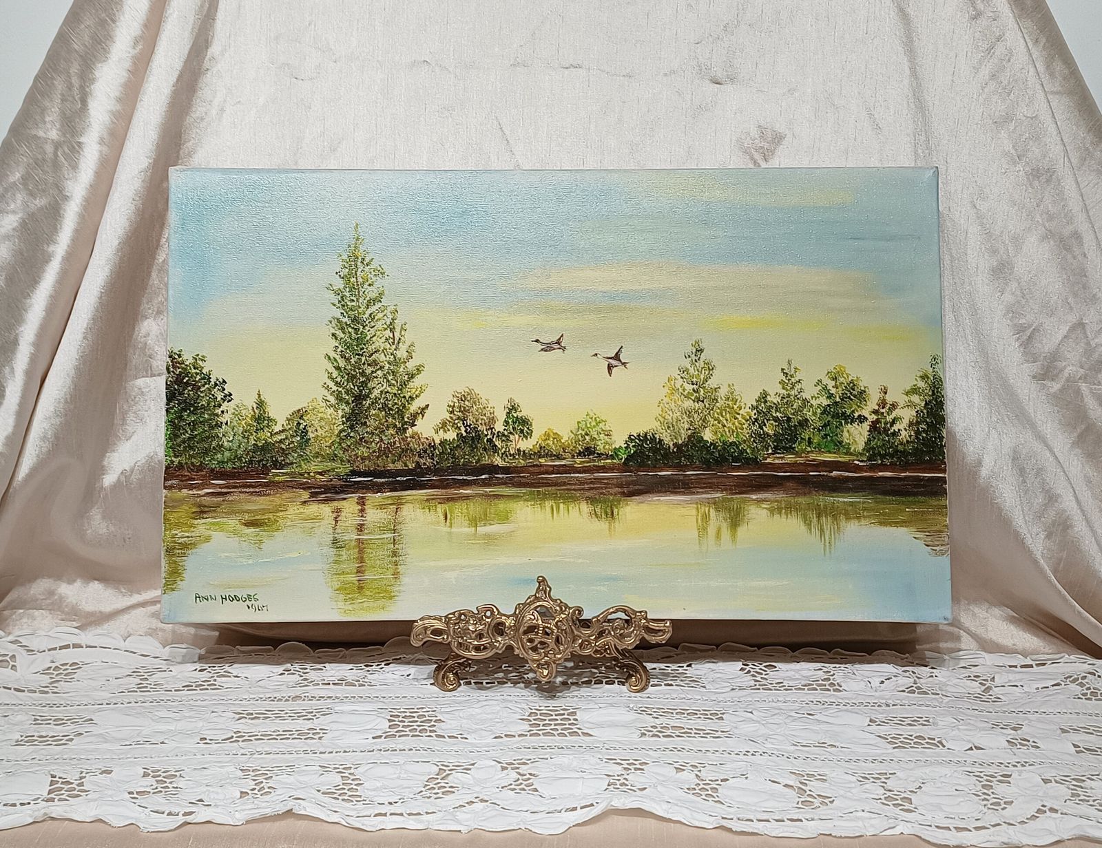 Oil Painting On Stretched Canvas Ducks In Flight Over The Lake Artist Signed.