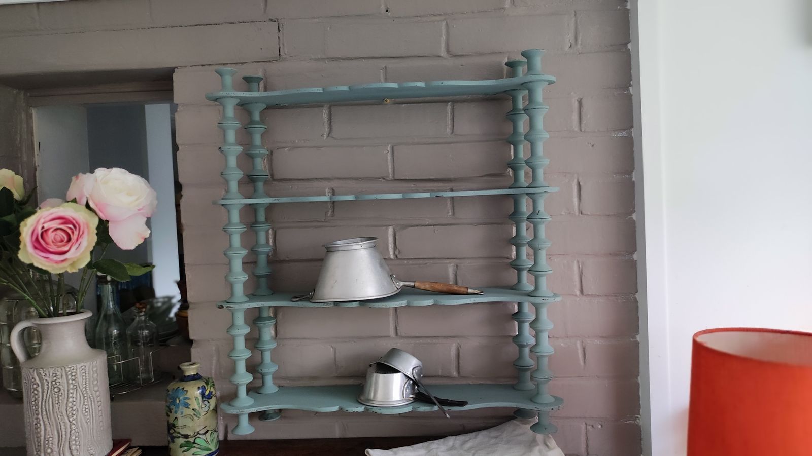 Furniture French Antique Folk Art Spindle Wall Shelf Wooden Bobbin Wall Shelving Unit Light Blue photo