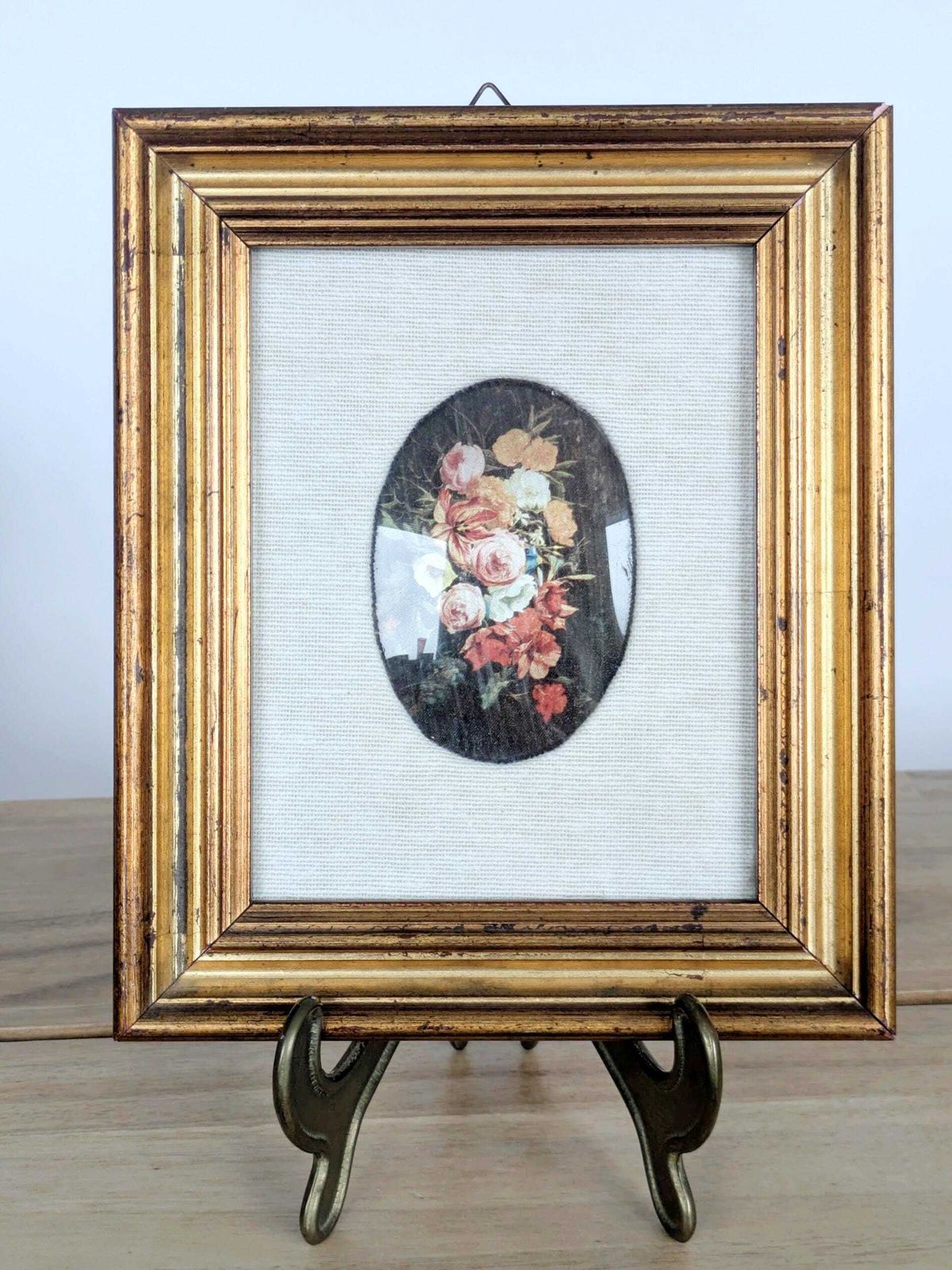 Vintage Floral Bouquet Print With Oval Linen Mat, Gilded Wood Frame, Foiled Shimmer Art photo Art