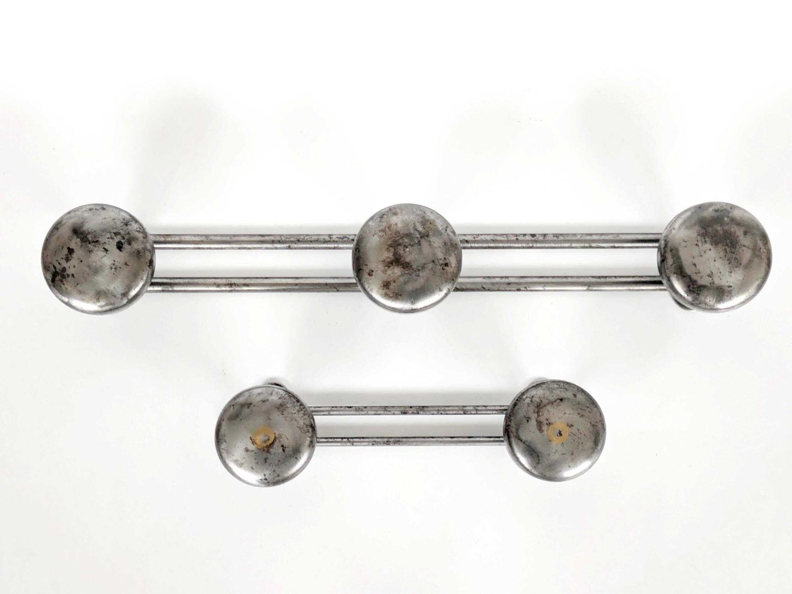 Pair Of French Steel Coat Racks 1950s Industrial Wall Hooks With Round Heads photo for sale