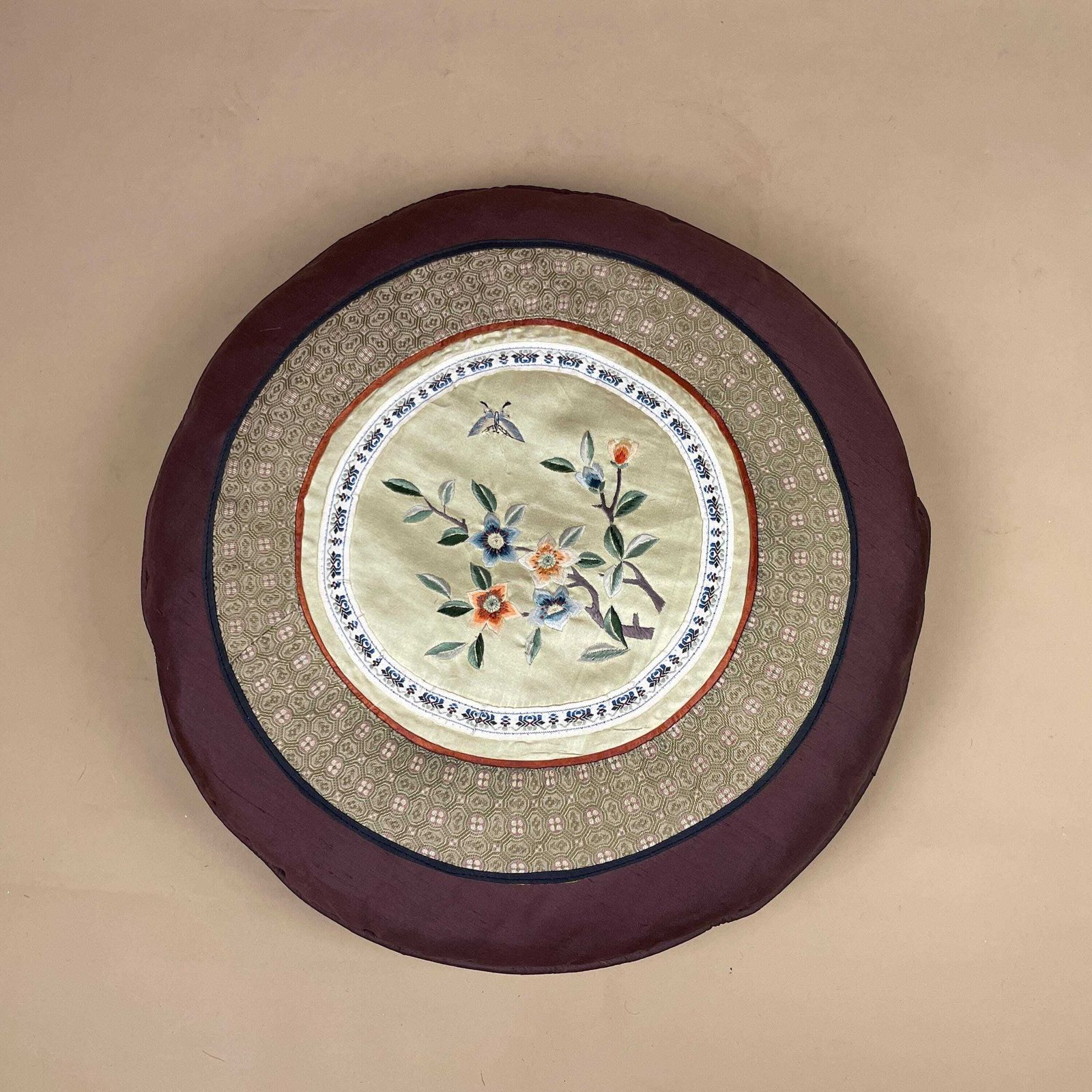 Pair Of Antique Oriental Cushion Circle Silk Scatter Pillow Feather Filled Patterned 35cm Traditional Circular Vintage Floral Embroidered photo furniture