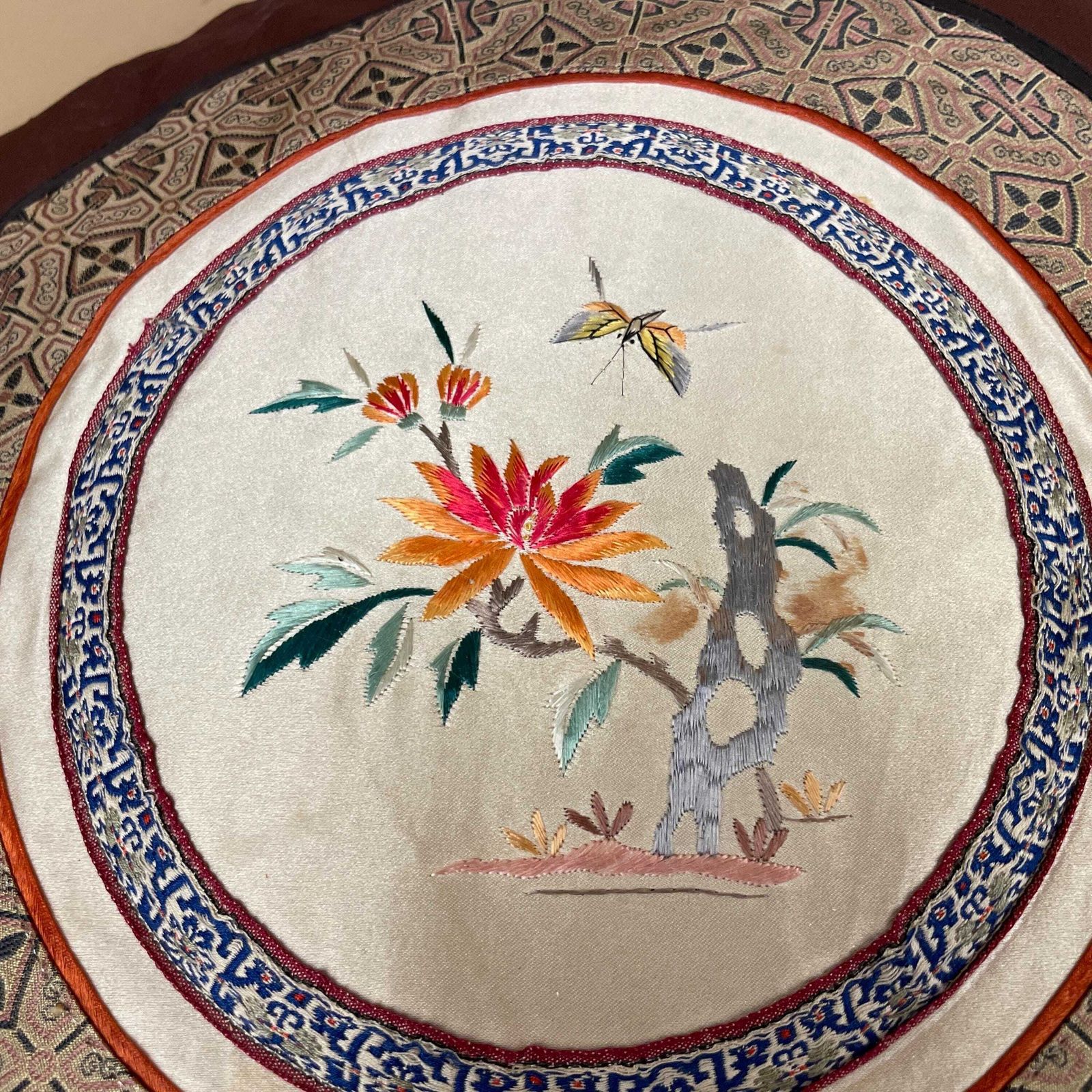 Pair Of Antique Oriental Cushion Circle Silk Scatter Pillow Feather Filled Patterned 35cm Traditional Circular Vintage Floral Embroidered photo vinterior