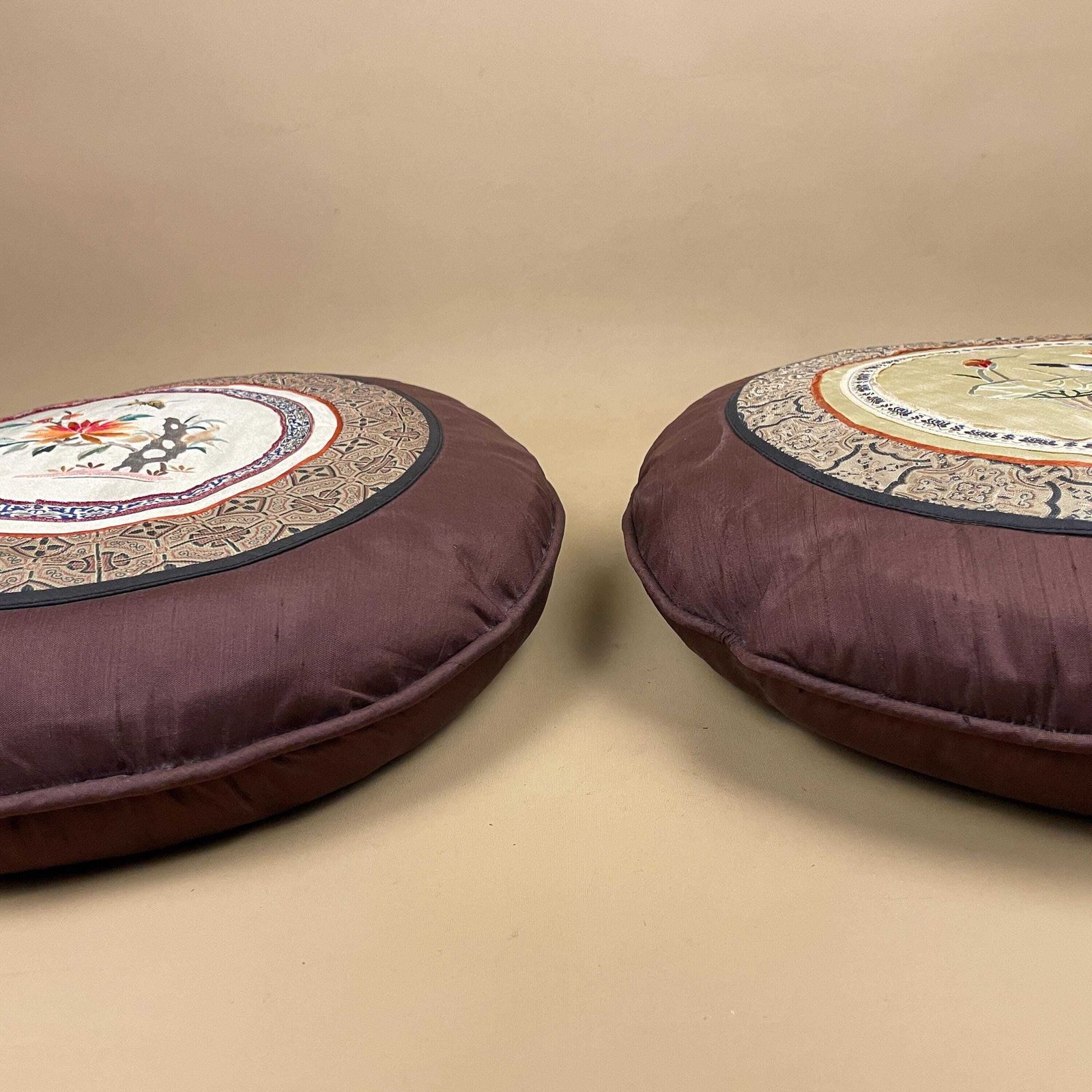 Pair Of Antique Oriental Cushion Circle Silk Scatter Pillow Feather Filled Patterned 35cm Traditional Circular Vintage Floral Embroidered photo buy