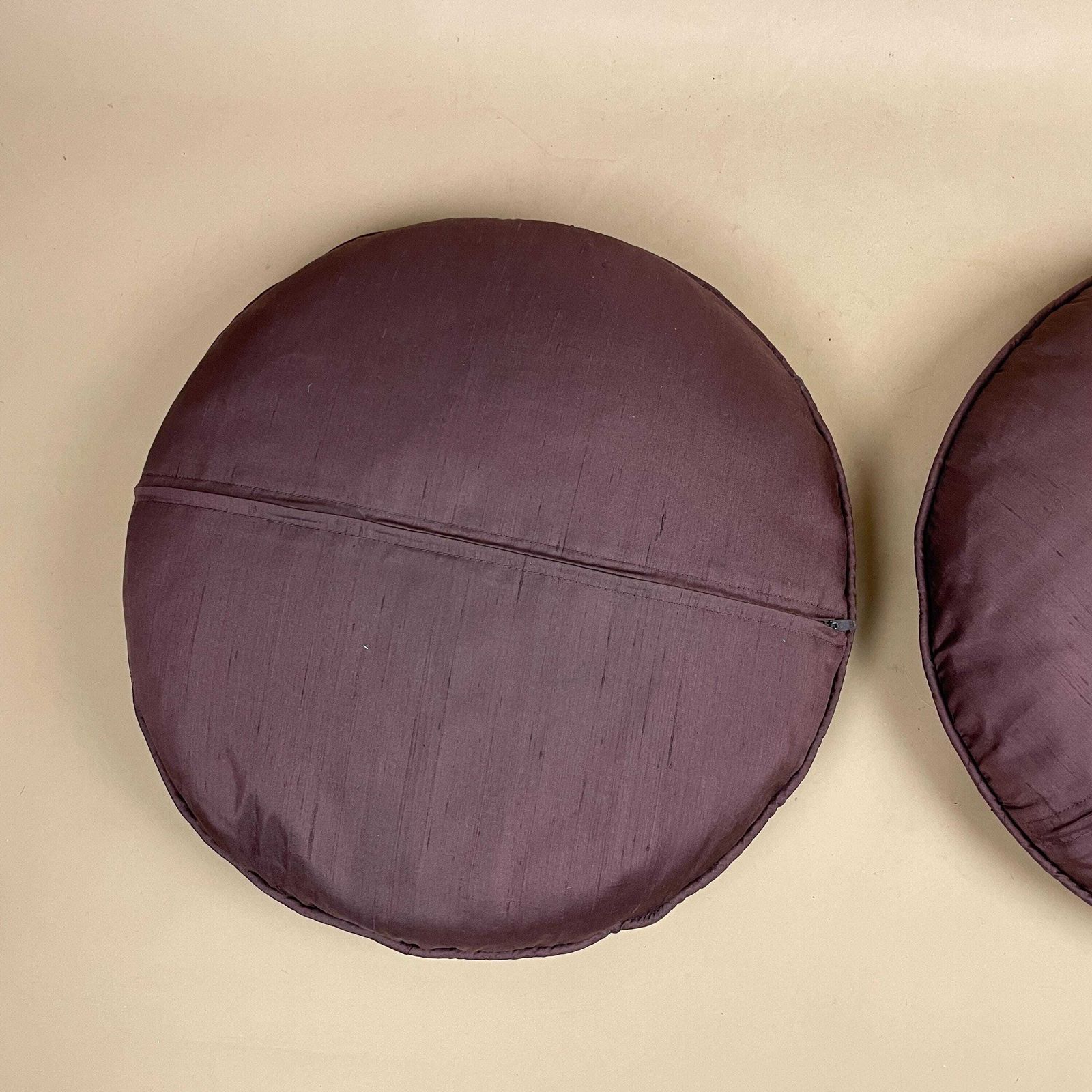 photo for sale Pair Of Antique Oriental Cushion Circle Silk Scatter Pillow Feather Filled Patterned 35cm Traditional Circular Vintage Floral Embroidered