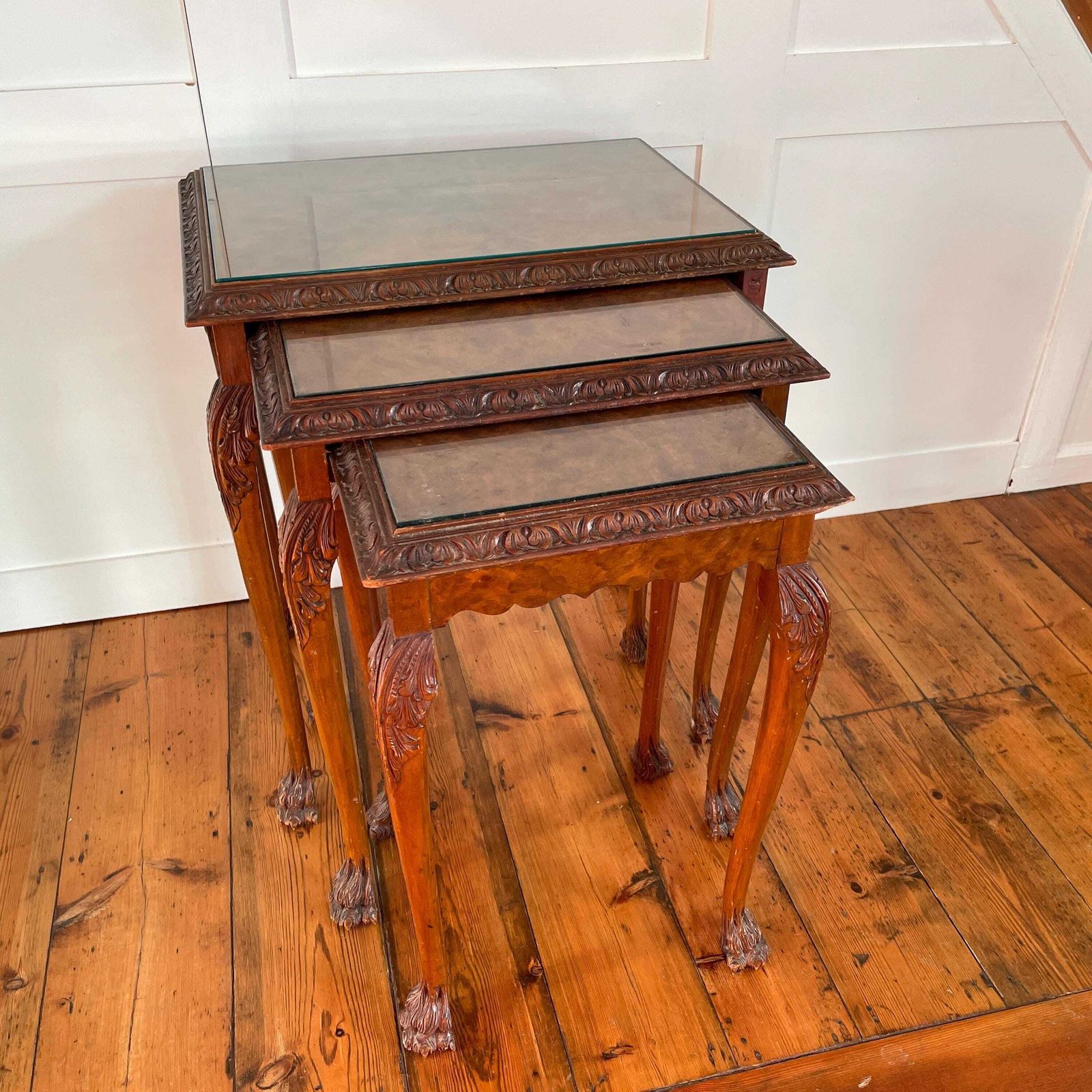 Furniture Antique Wooden Tables Nesting 3 Wood Ornate Carved Nest Burr Walnut Art Deco Glass Claw Feet Table End Side Serpentine Vintage Collection photo