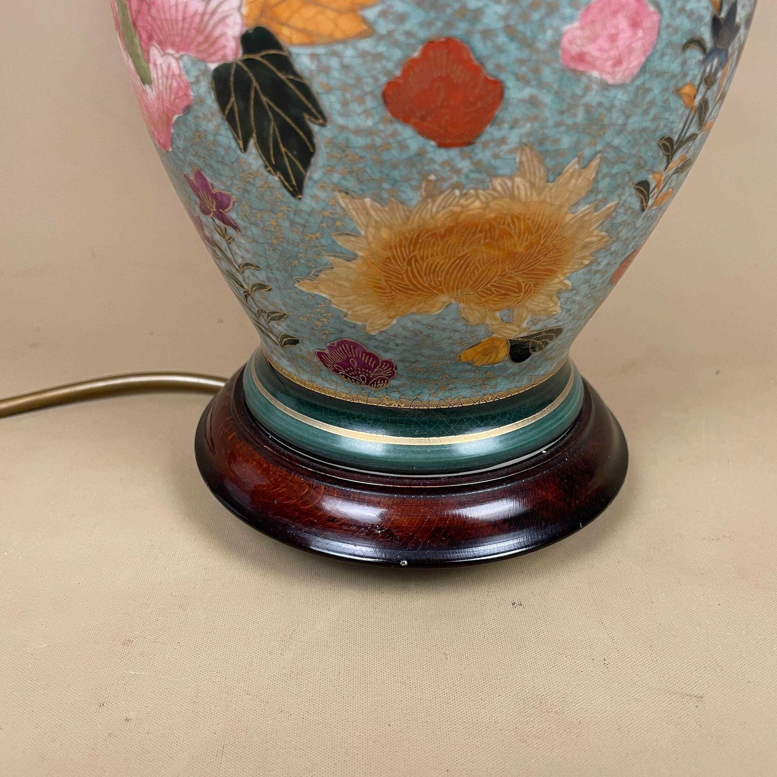 Antique Oriental Ceramic Lamp Light Bedside Table Shade Silk Lampshade Chinese Decor Porcelain Ginger Jar Vase Hand Painted Floral Wood photo buy