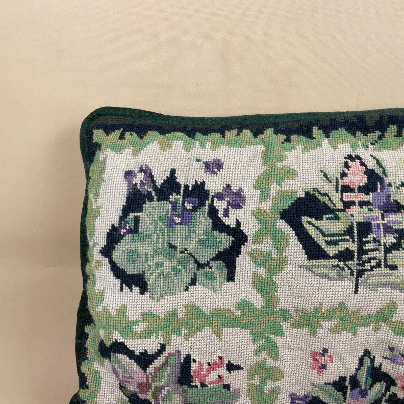 Vintage Floral Embroidered Cushions Set Of Two Velvet Trim Green Pink Beige Decorative Tapestry Needlepoint Cottage Home Decor photo 55.0