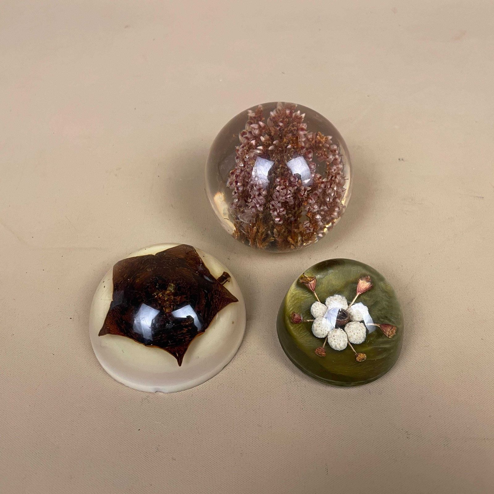 Vintage Resin Flower Paperweights Set Of 3 Clear Dome Desk Decor Mid Century Office Accessories Dried Flower Ornament Retro Home Decor