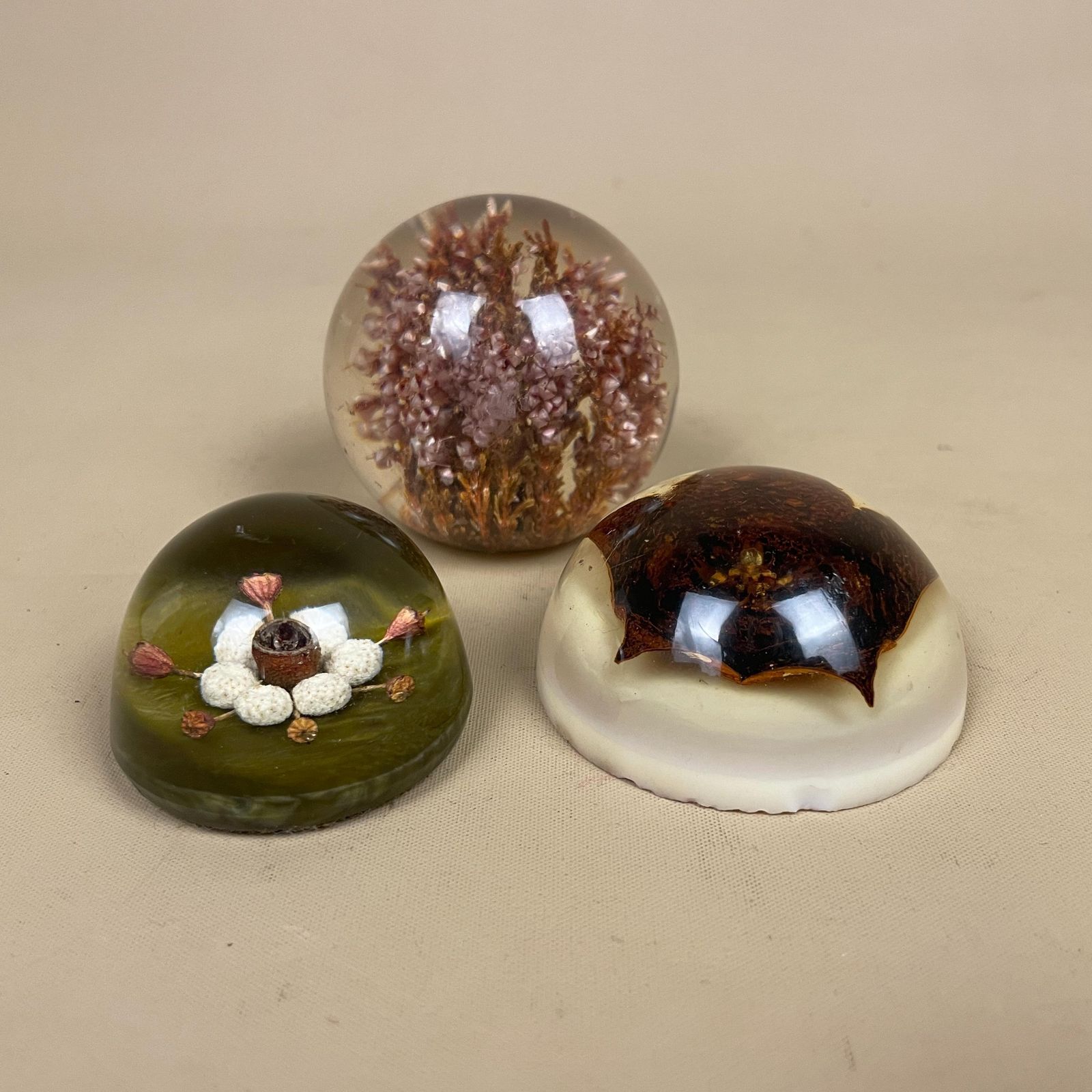 Vintage Resin Flower Paperweights Set Of 3 Clear Dome Desk Decor Mid Century Office Accessories Dried Flower Ornament Retro Home Decor photo Home Decor