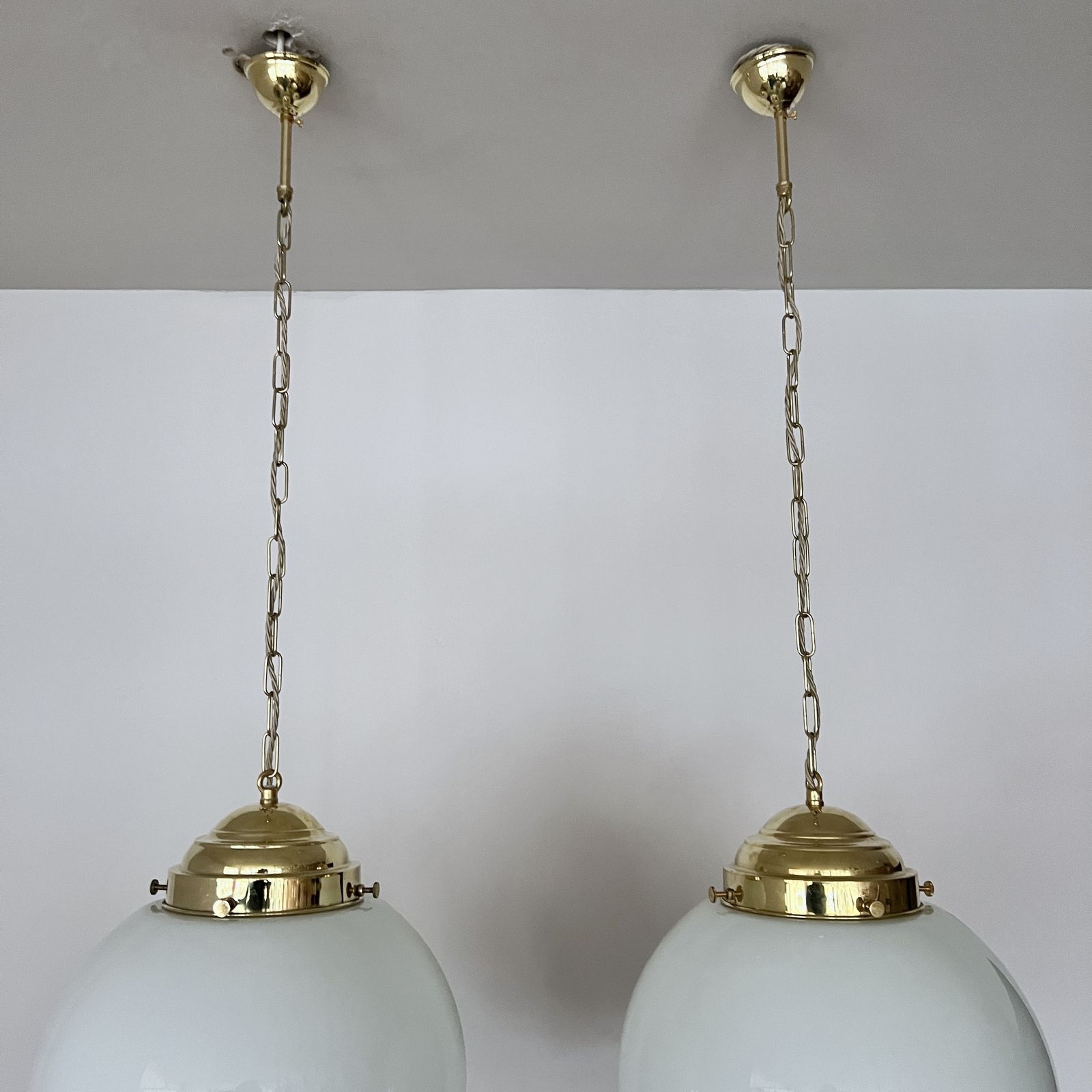 Pair Of Large Early 20th Century English Opaline Glass Shades With New Polished Brass Gallery Fittings photo vinterior
