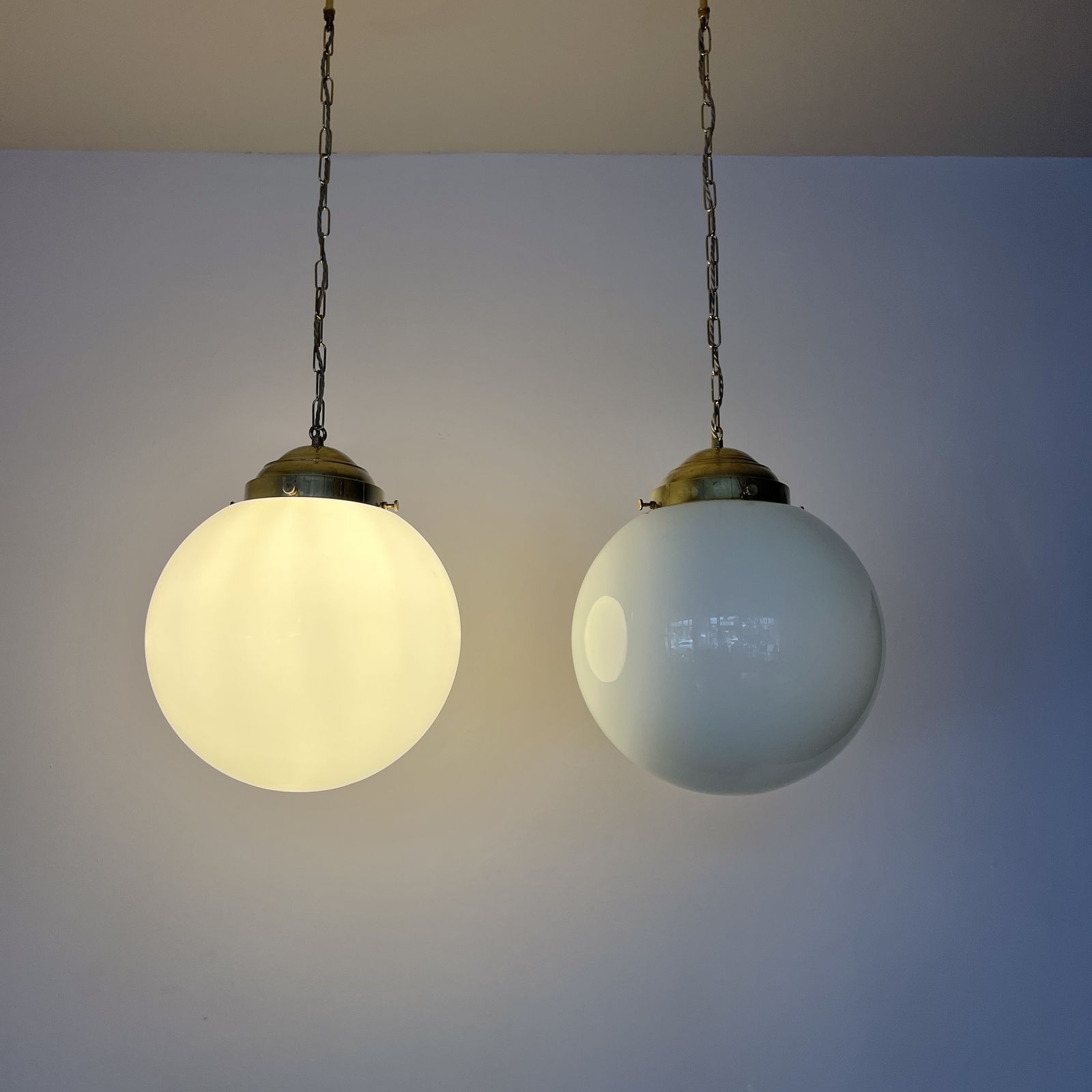 750.0 Pair Of Large Early 20th Century English Opaline Glass Shades With New Polished Brass Gallery Fittings photo