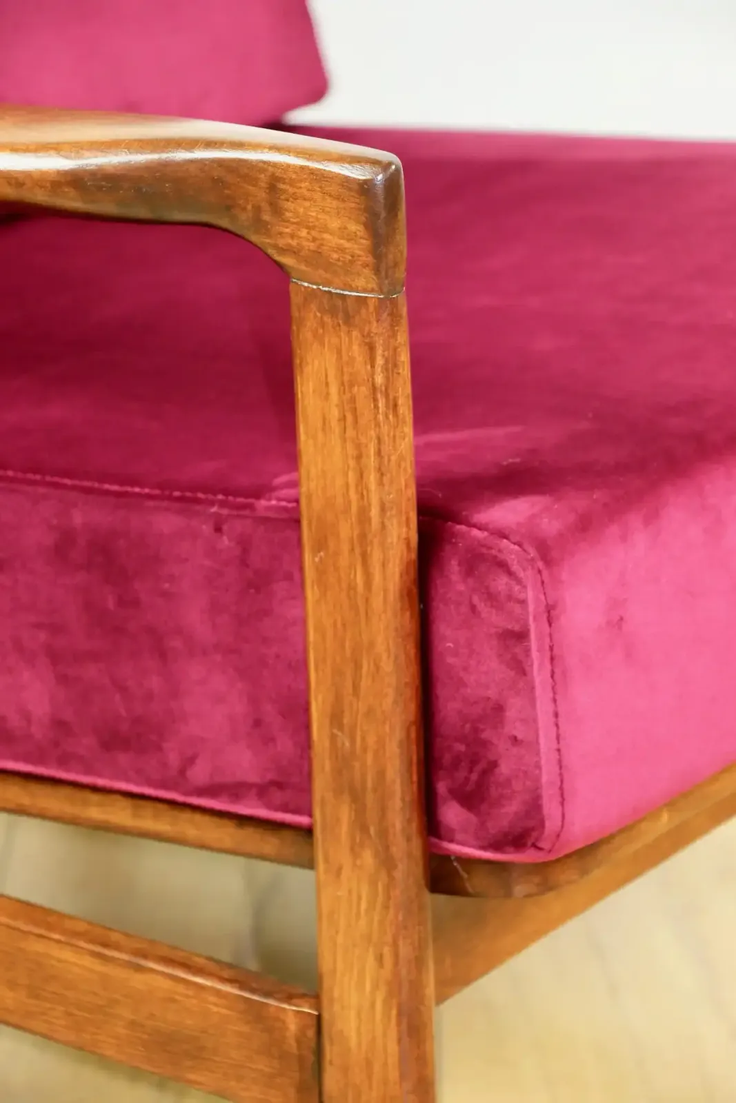 Vintage Burgundy Raspberry Brown Wooden Armchair Designed By Z. Bączyk   2 Pieces Available photo for sale