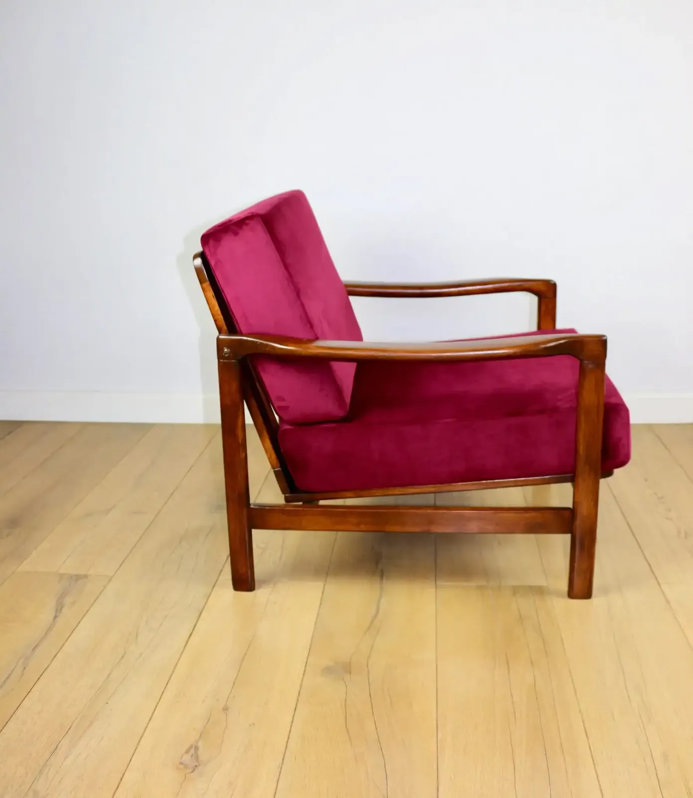Furniture Vintage Burgundy Raspberry Brown Wooden Armchair Designed By Z. Bączyk   2 Pieces Available photo