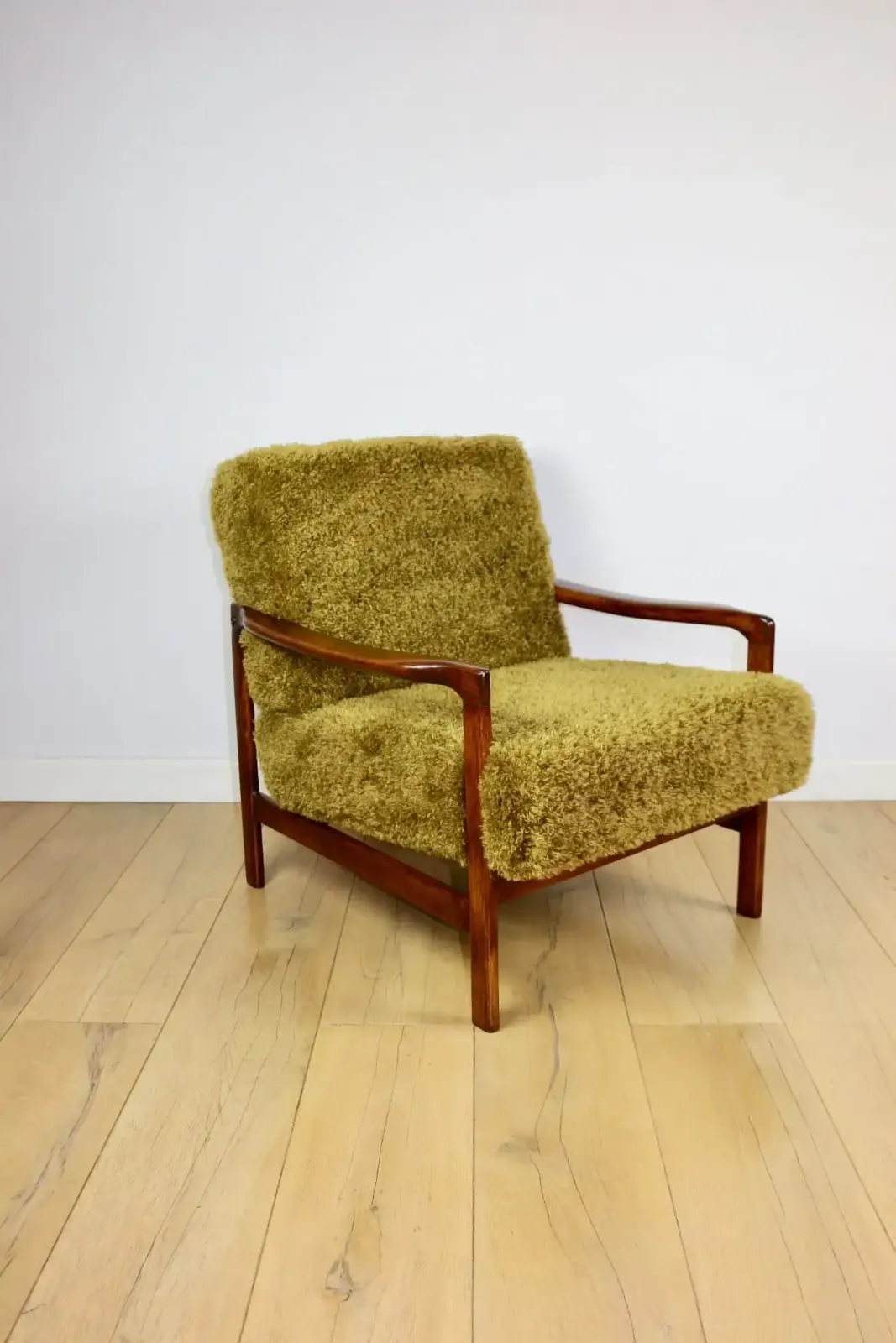 Wooden Armchair, Brown, Vintage Khaki / Olive, Long Hair, Rudy Lis, Designed By Z. Bączyk   2 Pieces Available