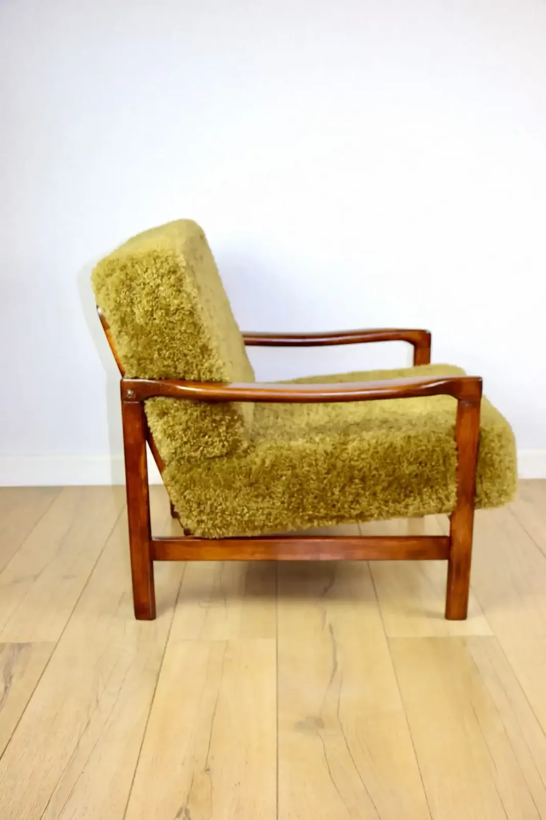 Wooden Armchair, Brown, Vintage Khaki / Olive, Long Hair, Rudy Lis, Designed By Z. Bączyk   2 Pieces Available photo for sale