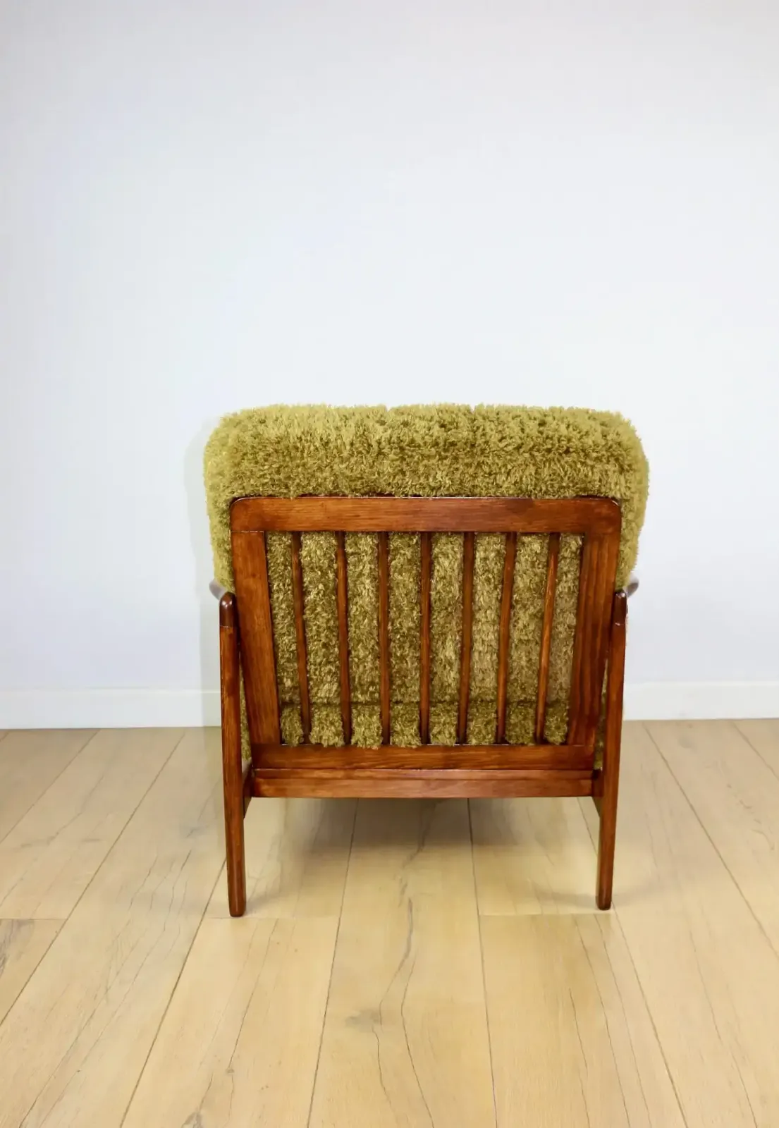 Wooden Armchair, Brown, Vintage Khaki / Olive, Long Hair, Rudy Lis, Designed By Z. Bączyk   2 Pieces Available photo 537.0