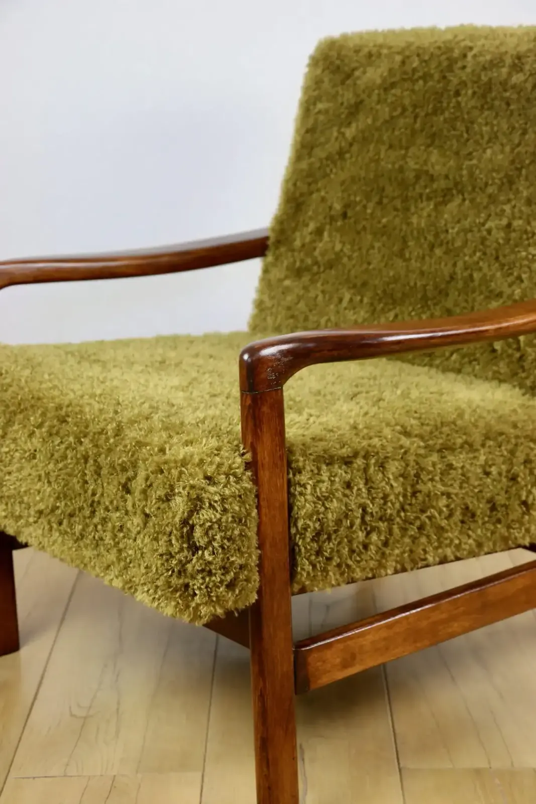 photo furniture Wooden Armchair, Brown, Vintage Khaki / Olive, Long Hair, Rudy Lis, Designed By Z. Bączyk   2 Pieces Available