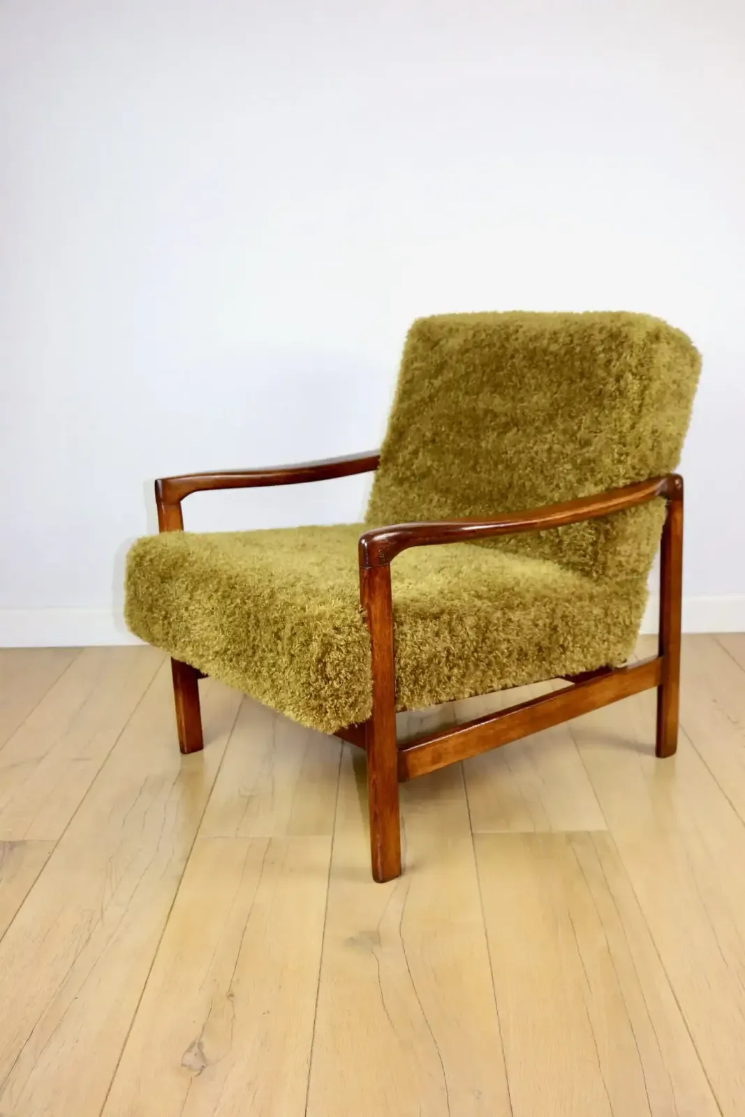 photo for sale Wooden Armchair, Brown, Vintage Khaki / Olive, Long Hair, Rudy Lis, Designed By Z. Bączyk   2 Pieces Available