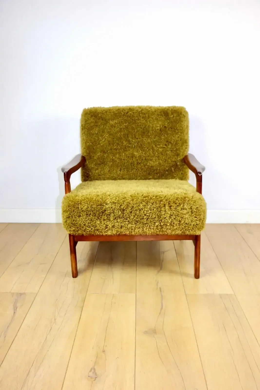537.0 Wooden Armchair, Brown, Vintage Khaki / Olive, Long Hair, Rudy Lis, Designed By Z. Bączyk   2 Pieces Available photo