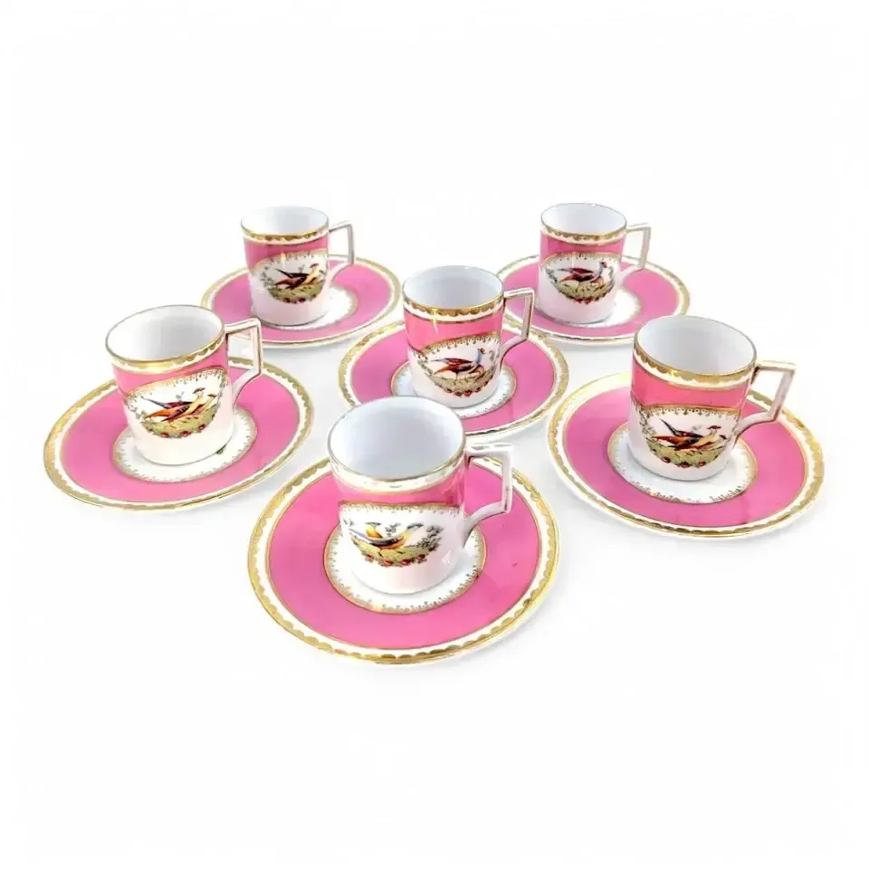 Victoria Austria Porcelain 12 Piece Coffee Set For 6, Chelsea Style, Pink & Gold photo for sale