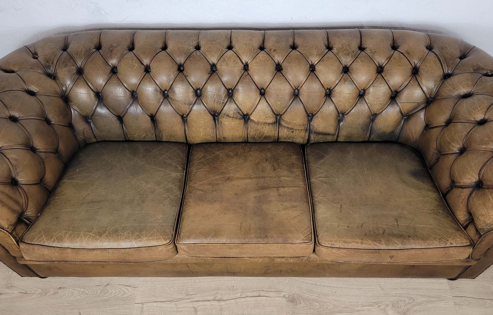 Chesterfield 3 Seater Sofa Settee Olive Green Leather 1960s photo furniture