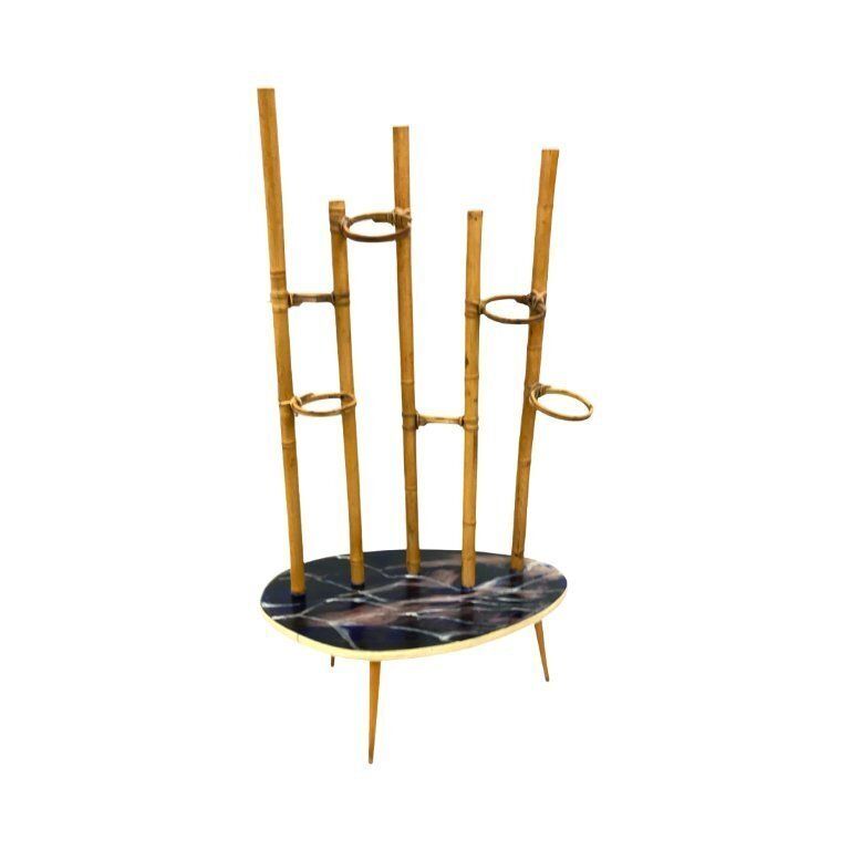 Mid Century Modern Plant Stand – Europe, 1960s 1970s, Bamboo & Artistic Resin Tabletop