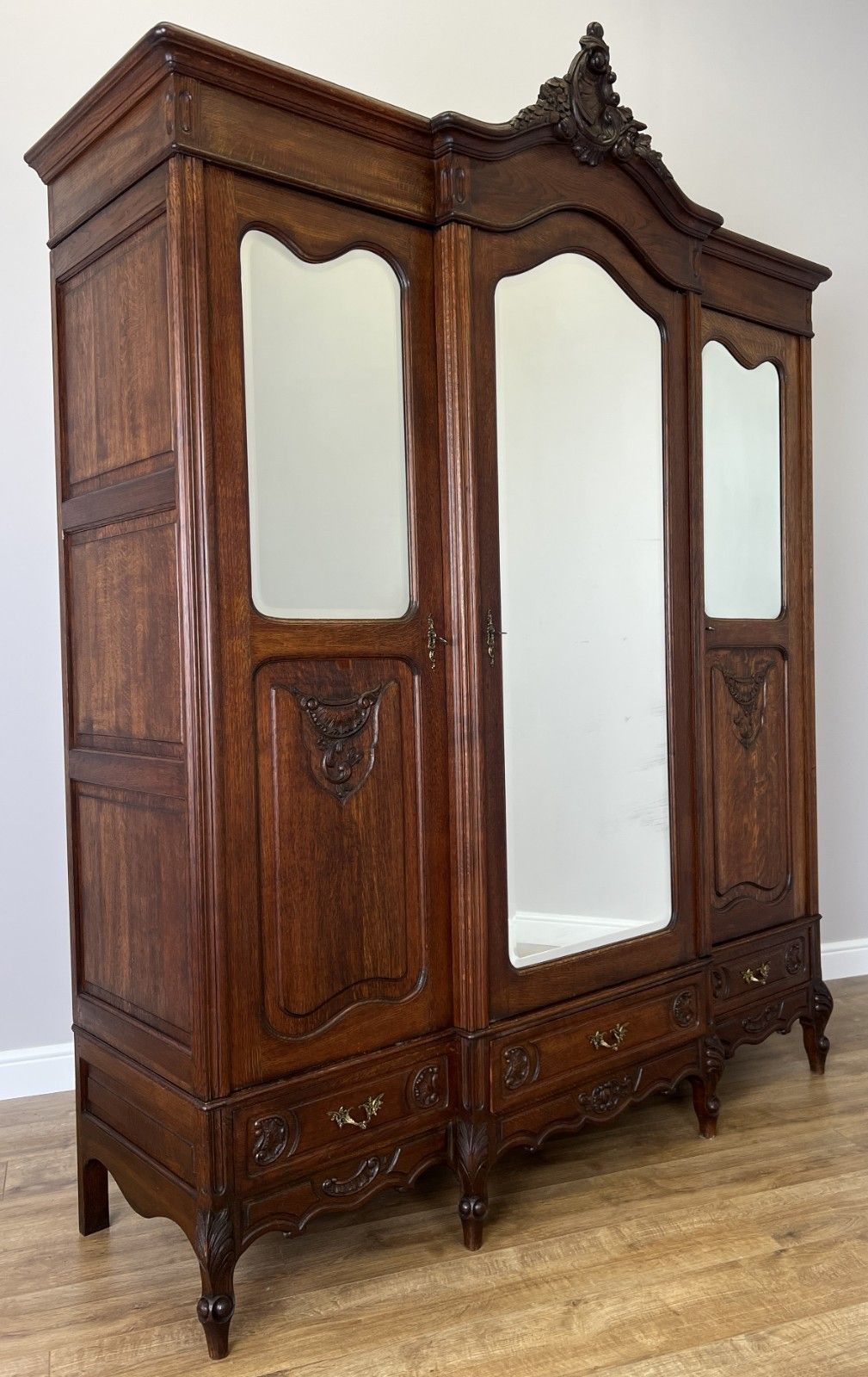 Wardrobe Antique French Rocaille Oak Three Door Carved Mirrored Armoire Lot 4843 photo for sale