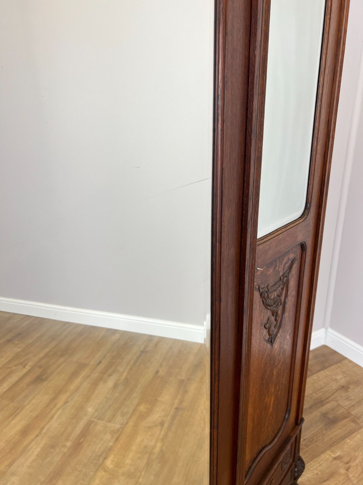 1299.0 Wardrobe Antique French Rocaille Oak Three Door Carved Mirrored Armoire Lot 4843 photo