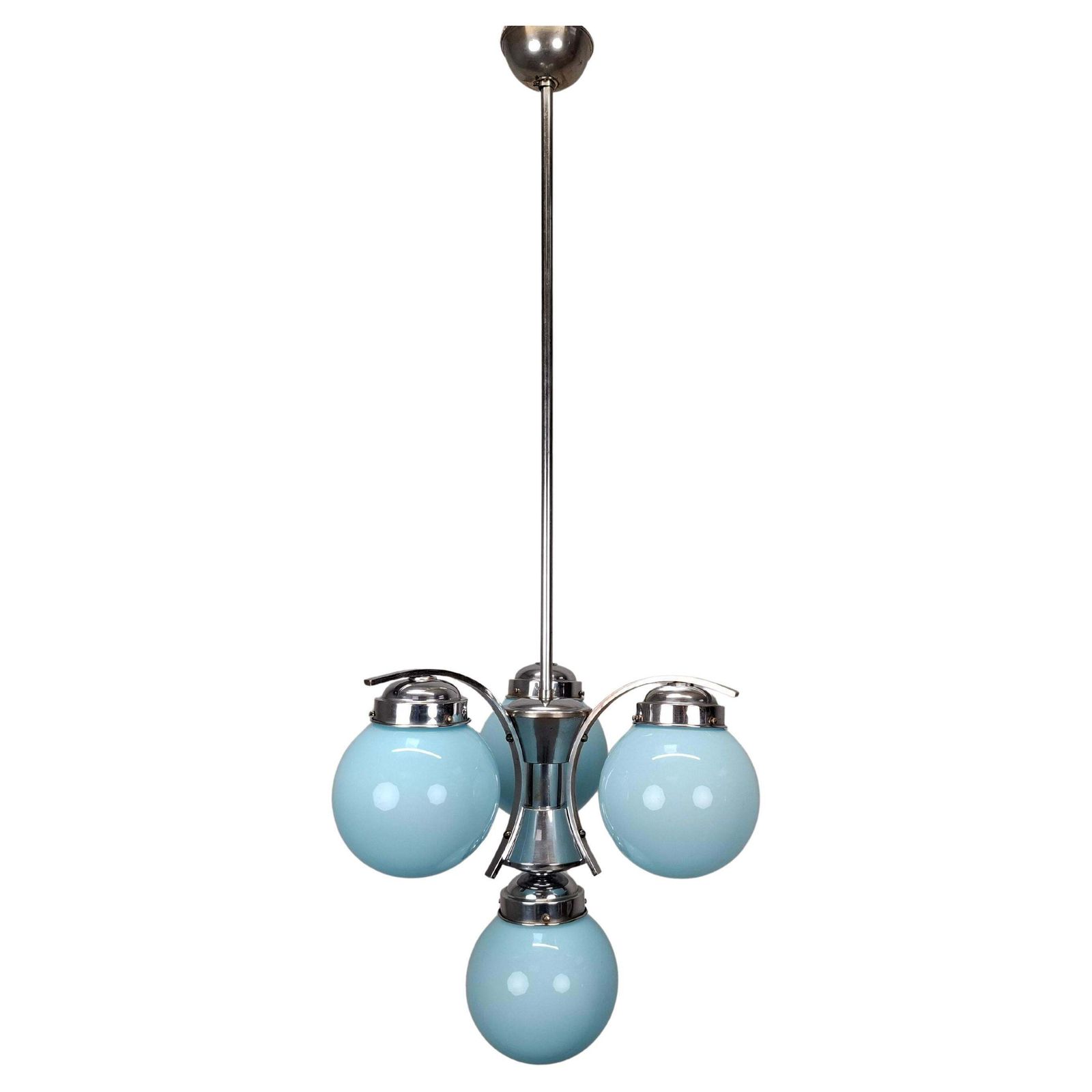 1930s Czech Art Deco Blue Opaline Glass And Chrome Four Light Chandelier