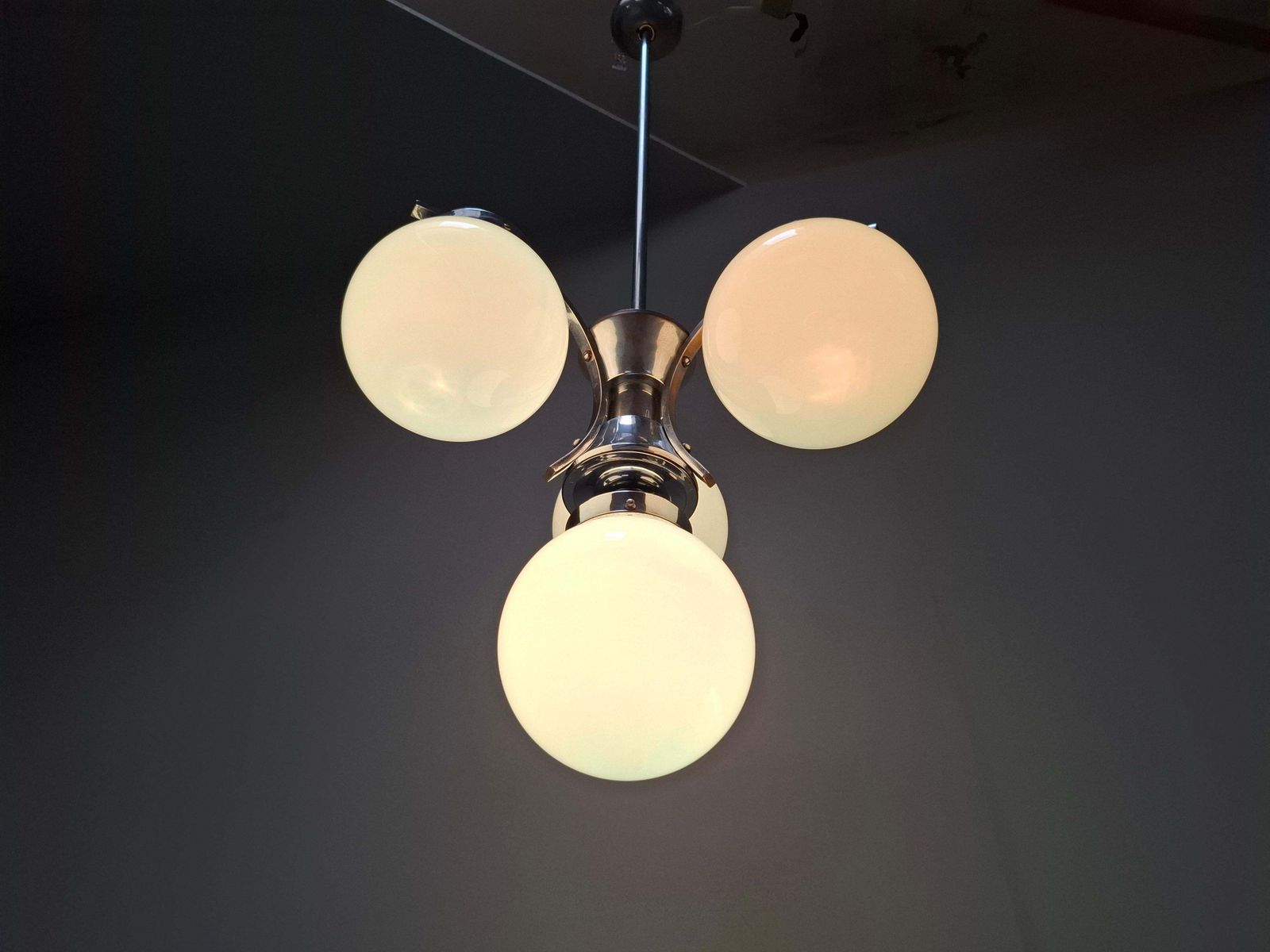 1930s Czech Art Deco Blue Opaline Glass And Chrome Four Light Chandelier photo furniture