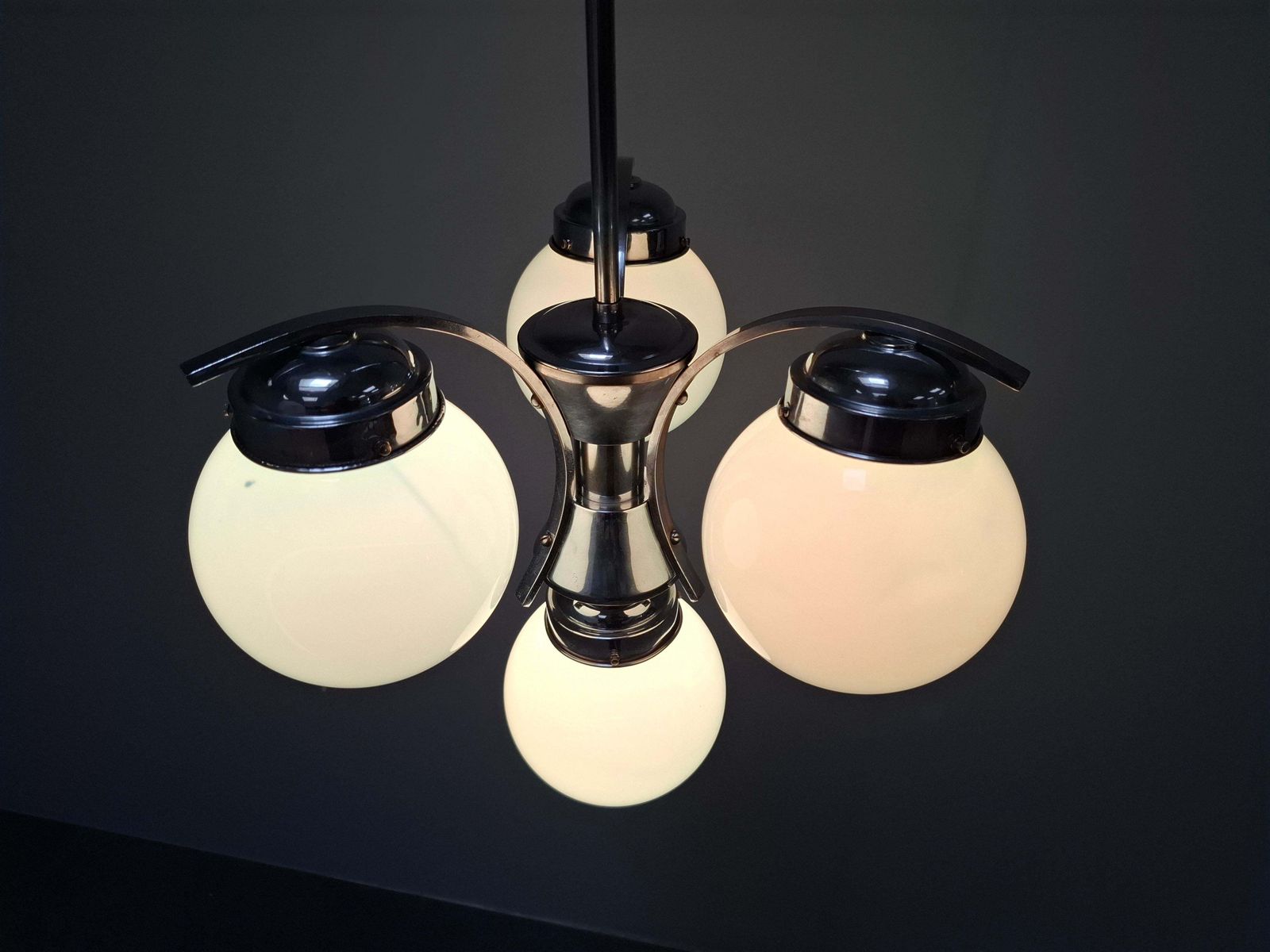 1930s Czech Art Deco Blue Opaline Glass And Chrome Four Light Chandelier photo for sale