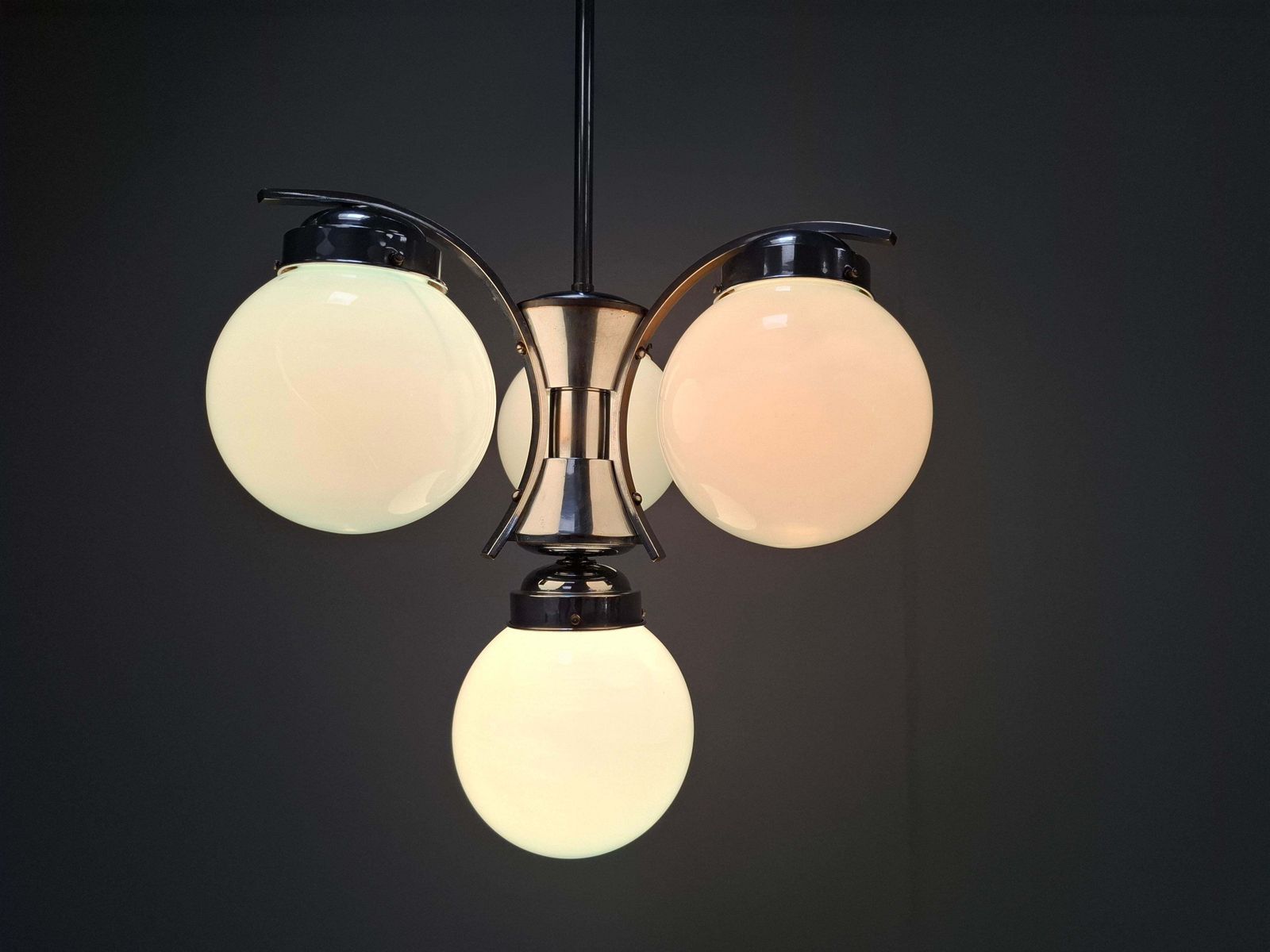 1930s Czech Art Deco Blue Opaline Glass And Chrome Four Light Chandelier photo Lighting
