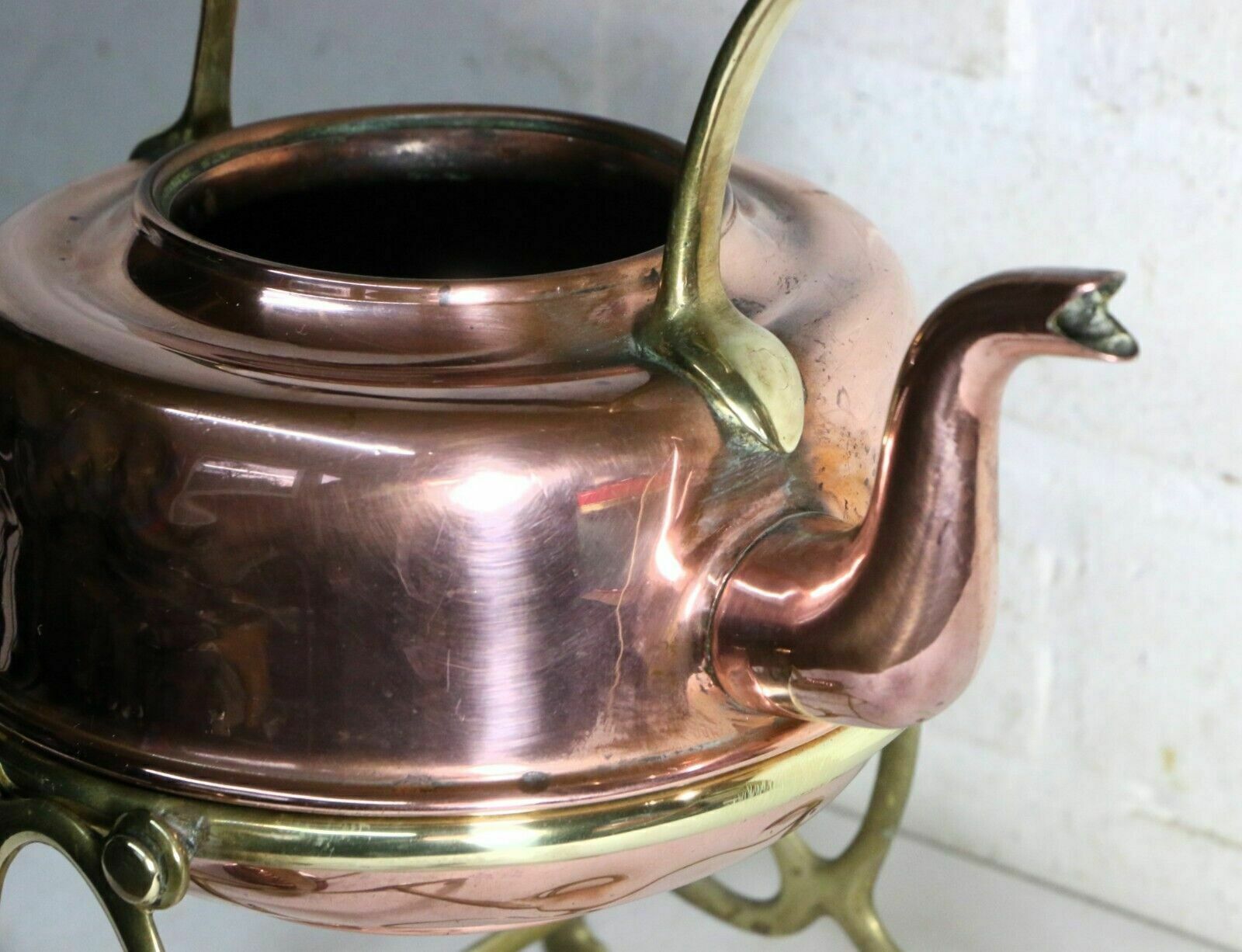 Home Decor Antique Art Nouveau Copper Spirit Kettle With Brass Stand Late 19th Early 20th C photo