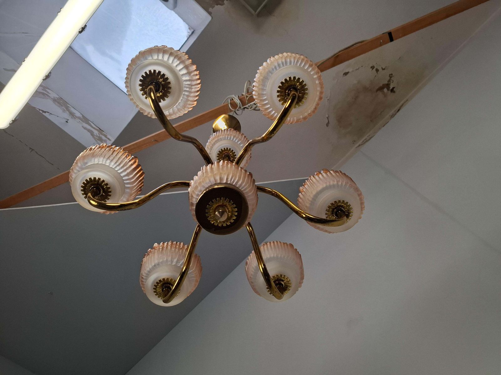 1960s Czech Mid Century Brass And železný Brod Frosted Glass Six Arm Chandelier photo for sale