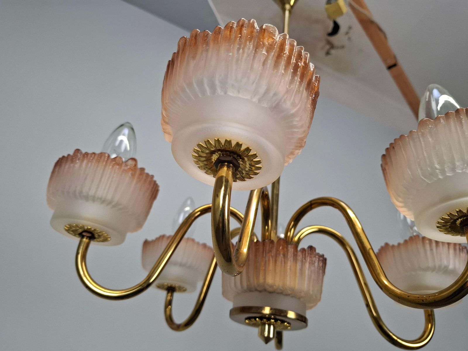 photo for sale 1960s Czech Mid Century Brass And železný Brod Frosted Glass Six Arm Chandelier