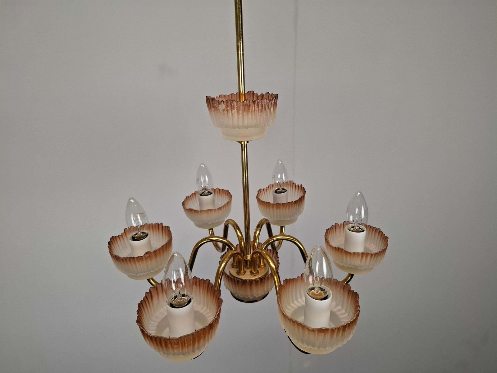 photo buy 1960s Czech Mid Century Brass And železný Brod Frosted Glass Six Arm Chandelier