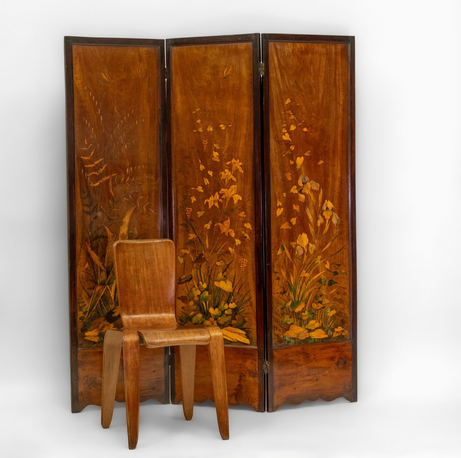 Art Nouveau Fruitwood Inlaid Botanical Panel Folding Screen Room Divider French Circa 1900 photo 2275.0