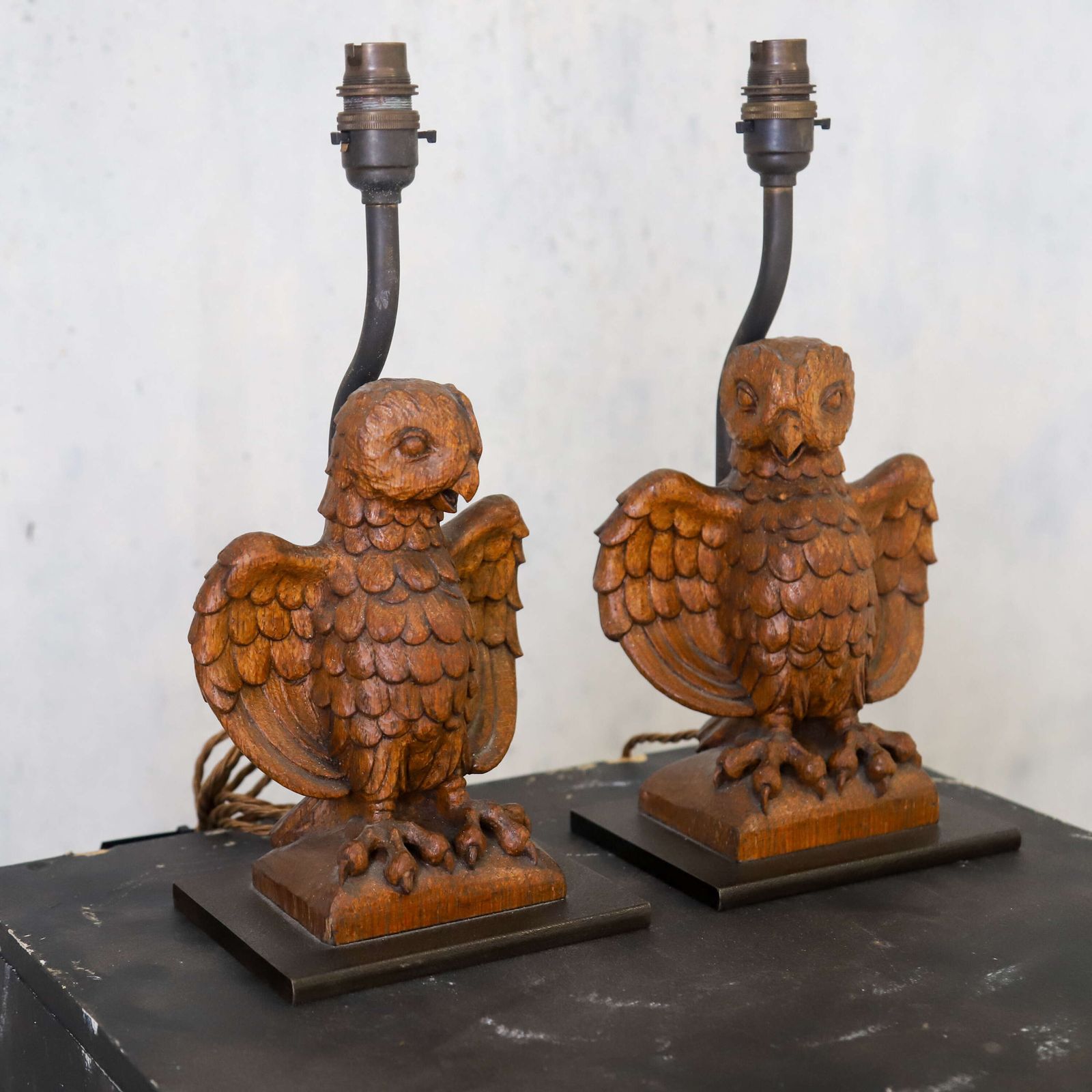 Pair Of Carved Wooden Owl Lamps photo 635.0