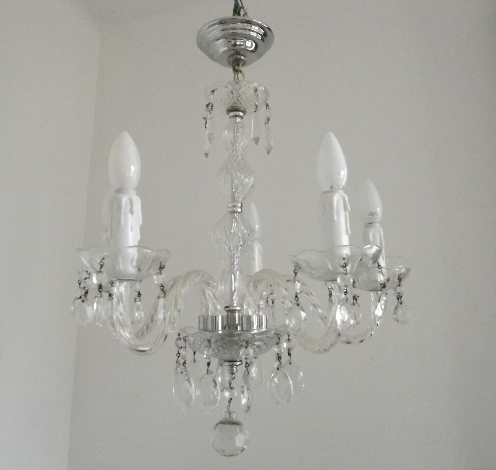 French Vintage 5 Light Chandelier With Barley Twist Glass Arms Adorned With Assorted Crystals